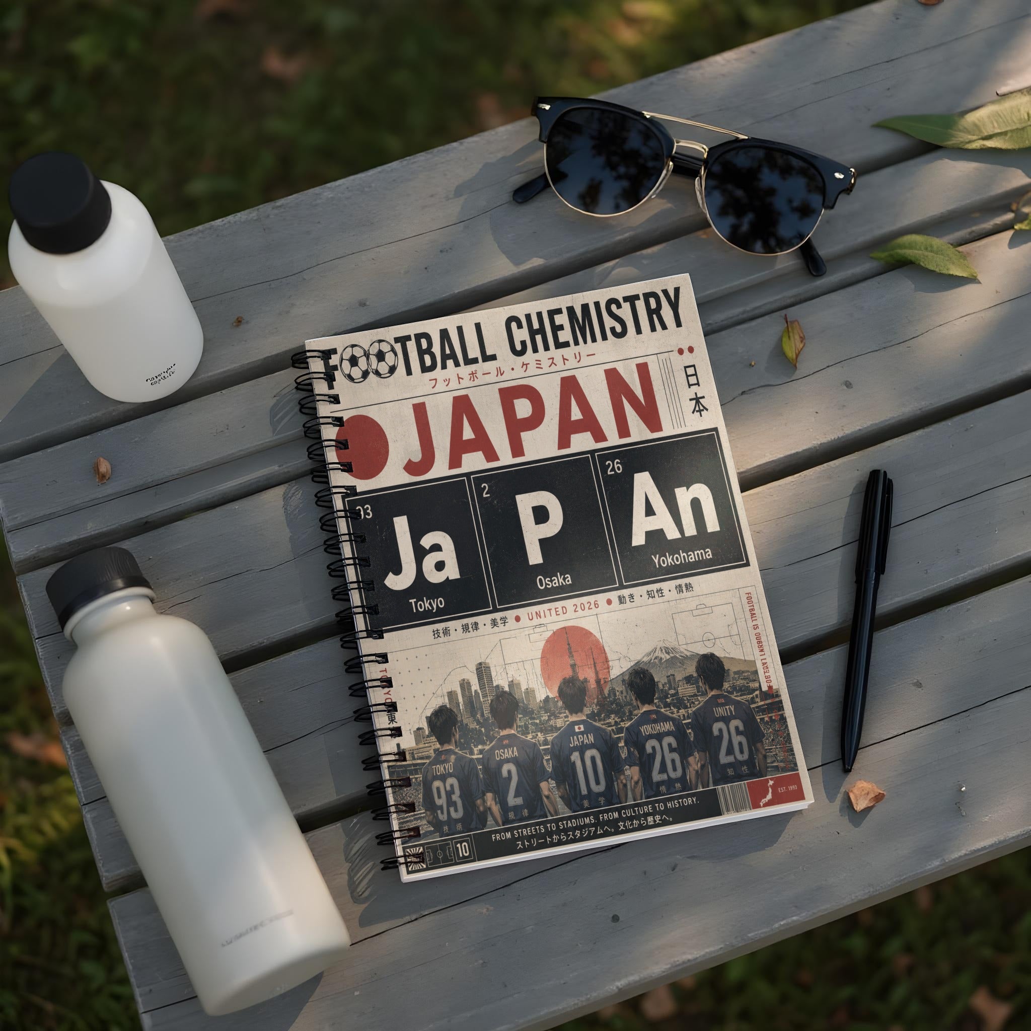 Notebook with "Football Chemistry" Japan theme, featuring cities and team slogans.