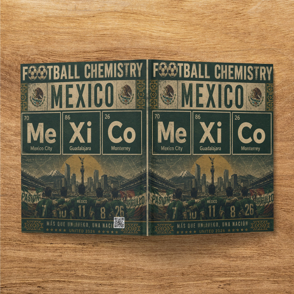Football Chemistry Mexico periodic table style art with cities, dates, and "United 2026".