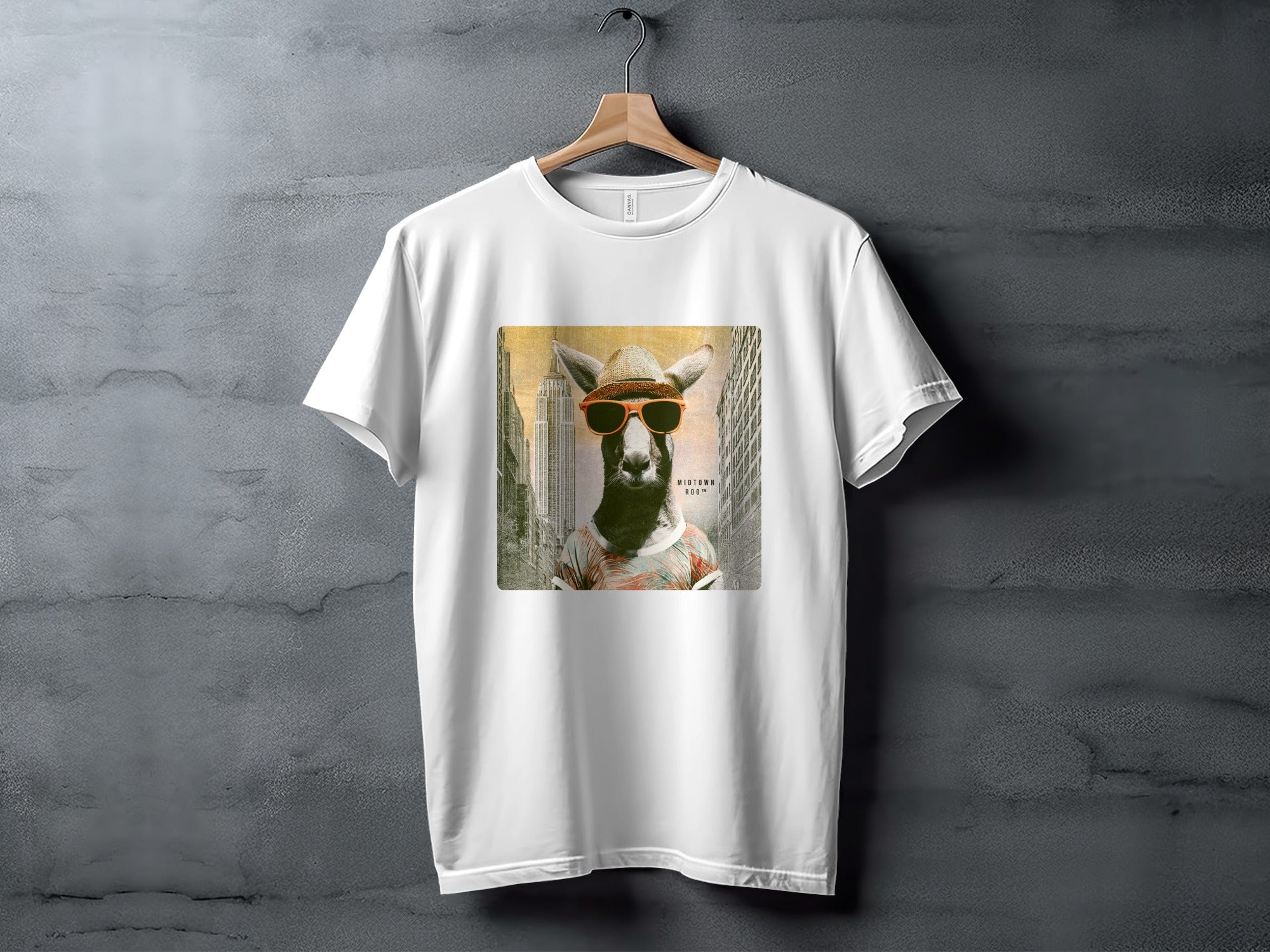 White t-shirt with a graphic of a kangaroo wearing sunglasses and a hat.