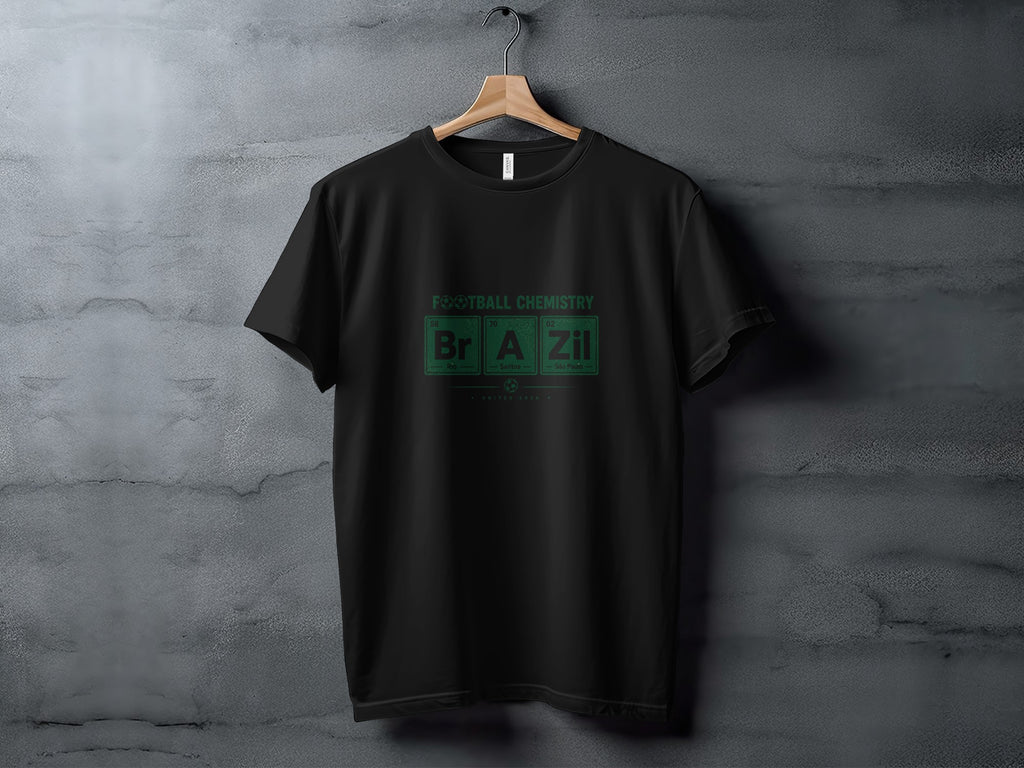Black t-shirt with "Football Chemistry BrA Zil" and chemical symbols.