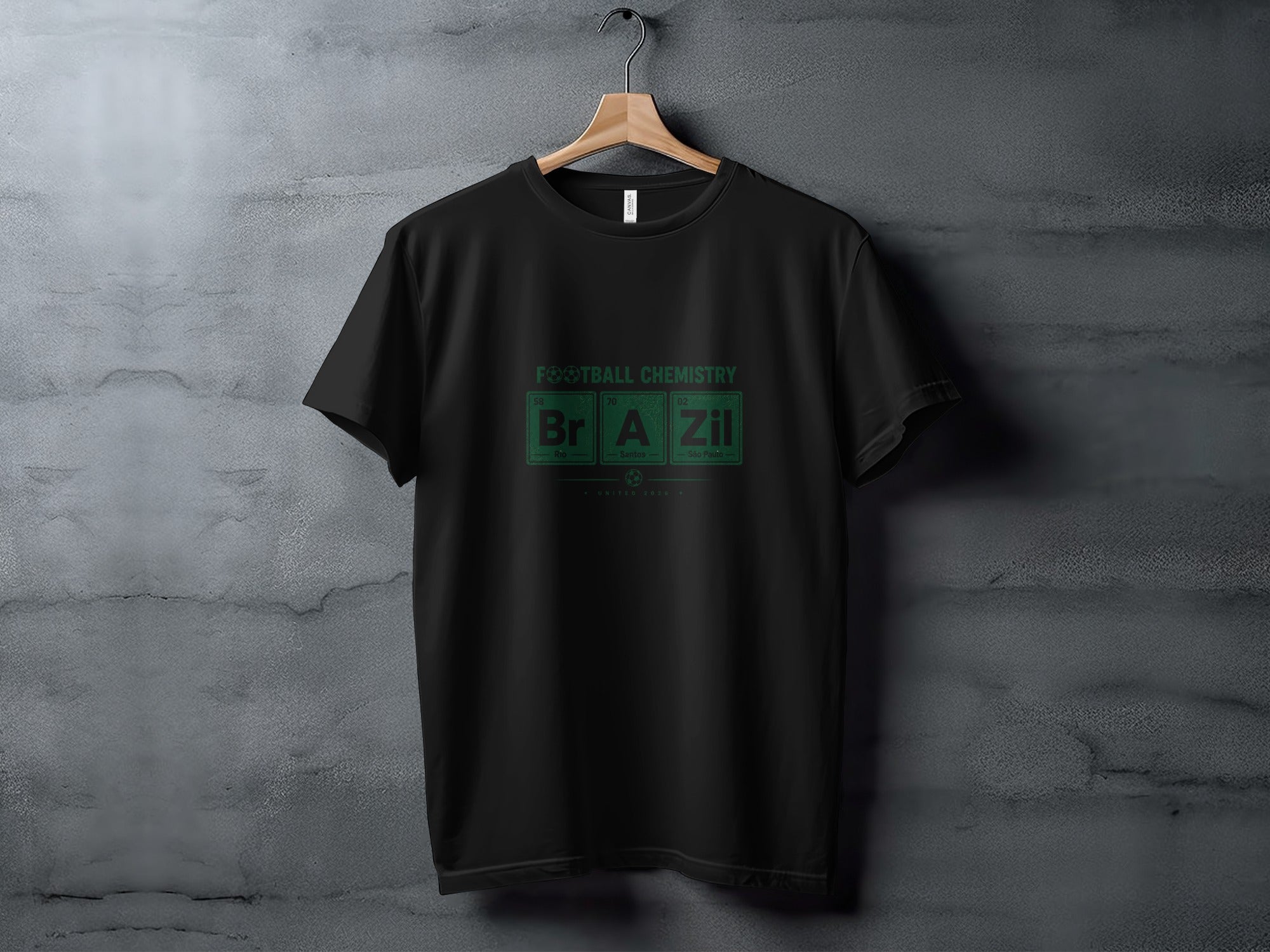 Black t-shirt with "Football Chemistry BrA Zil" and chemical symbols.