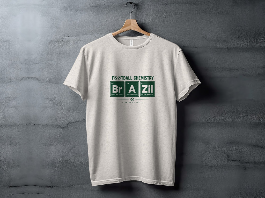 Light gray t-shirt with "Football Chemistry" and Brazil's periodic table elements.
