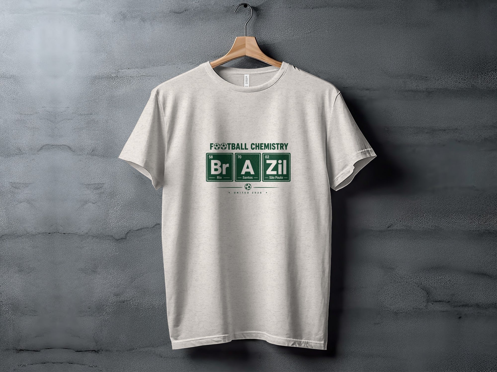 Light gray t-shirt with "Football Chemistry" and Brazil's periodic table elements.