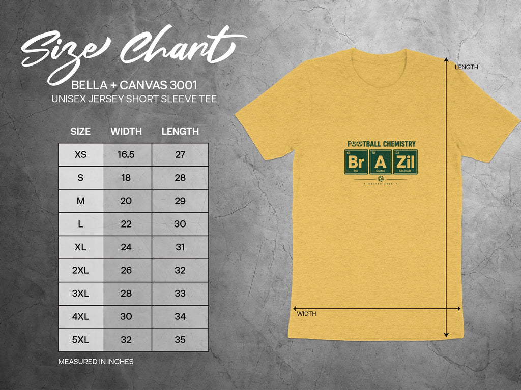 Bella + Canvas 3001 unisex t-shirt size chart with width and length measurements.
