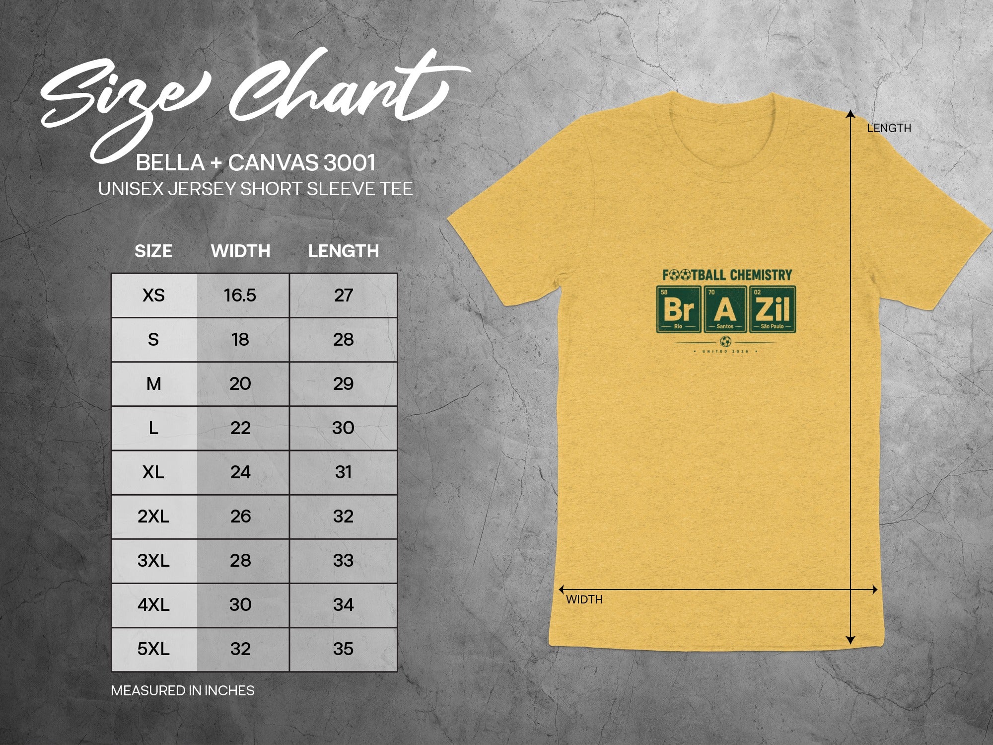 Bella + Canvas 3001 unisex t-shirt size chart with width and length measurements.