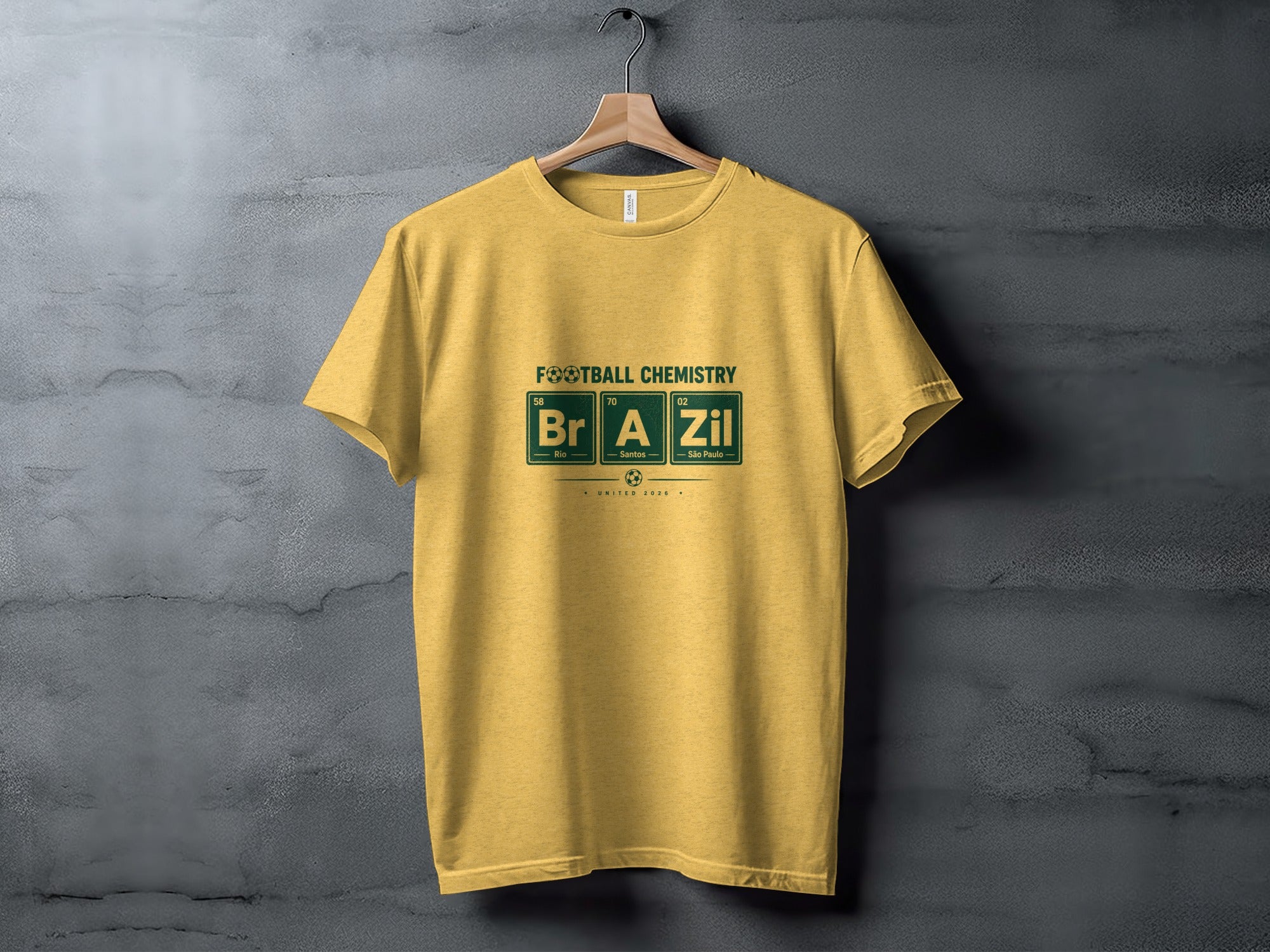 Yellow t-shirt with "Football Chemistry BrA Zil" and Brazilian city names.