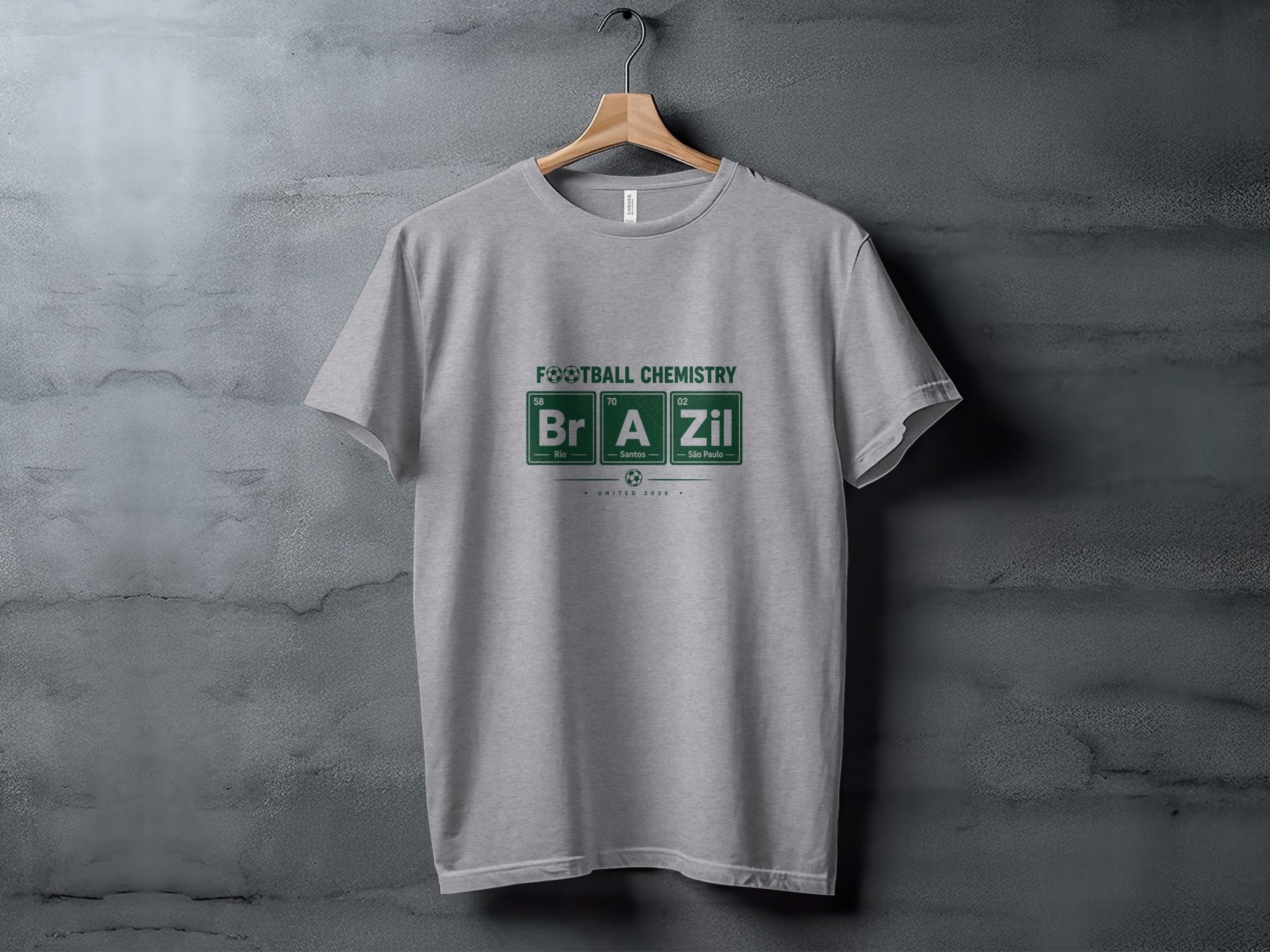 Grey t-shirt with "Football Chemistry BrAZil" and city names in periodic table style.