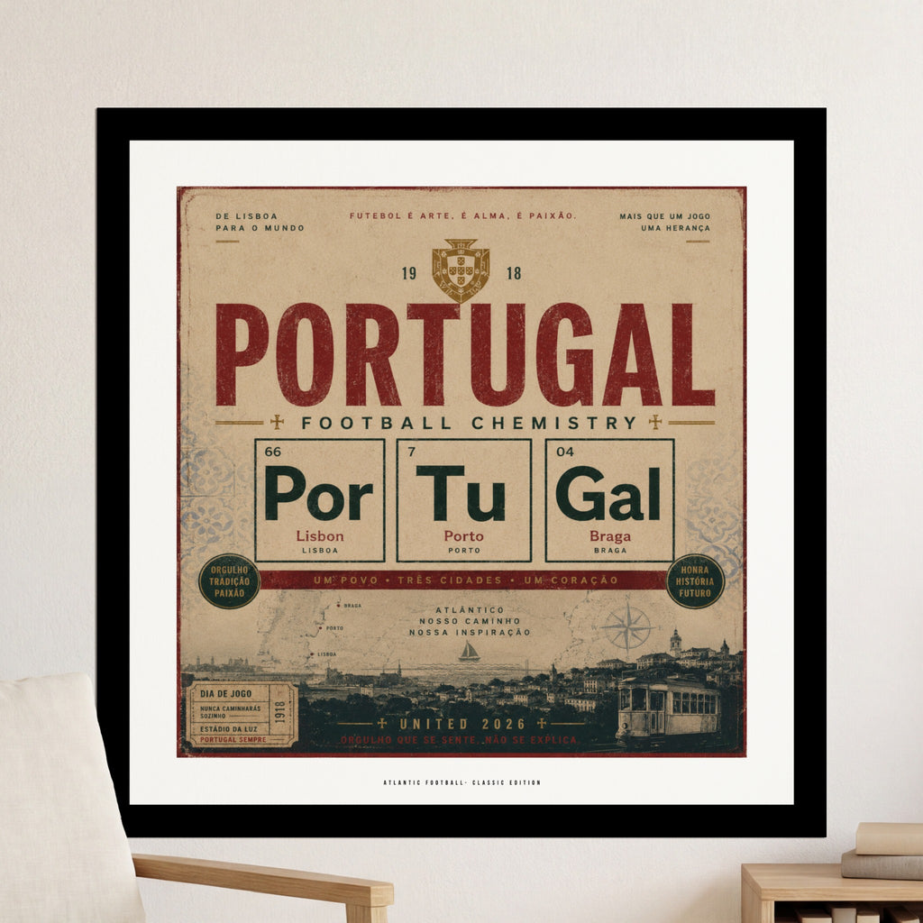 Portugal Football Chemistry periodic table design with cities Lisbon, Porto, Braga.