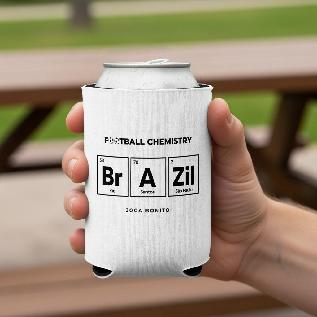 Can cooler with "Football Chemistry Rio A Brazil" periodic table design.