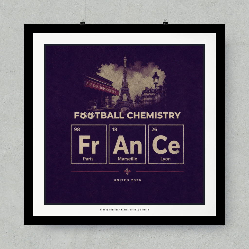 Football Chemistry poster with periodic table elements for Paris, Marseille, and Lyon.