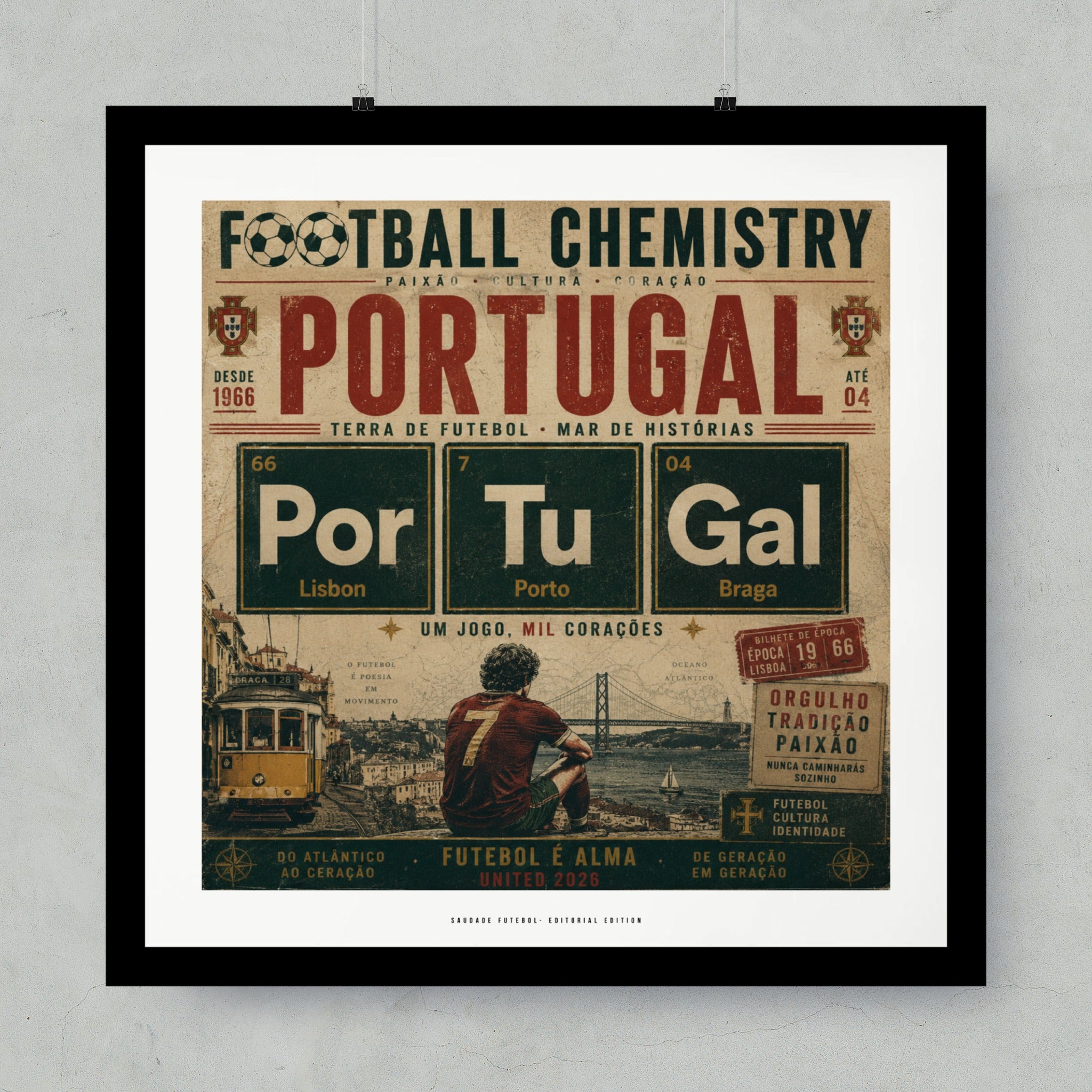 Portugal football chemistry poster with elements representing Lisbon, Porto, and Braga.