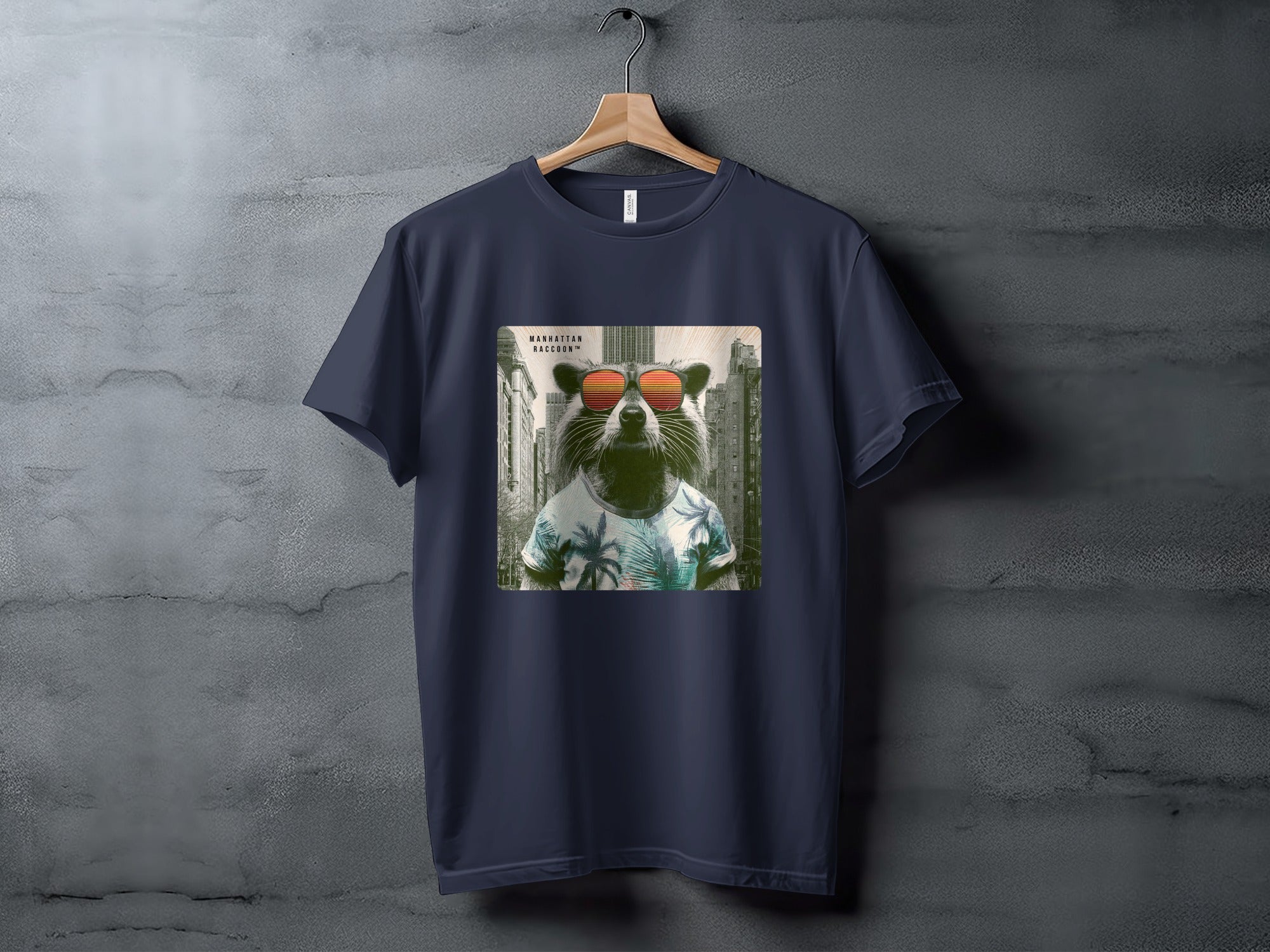 T-shirt with a raccoon wearing sunglasses and a Hawaiian shirt against a city background.
