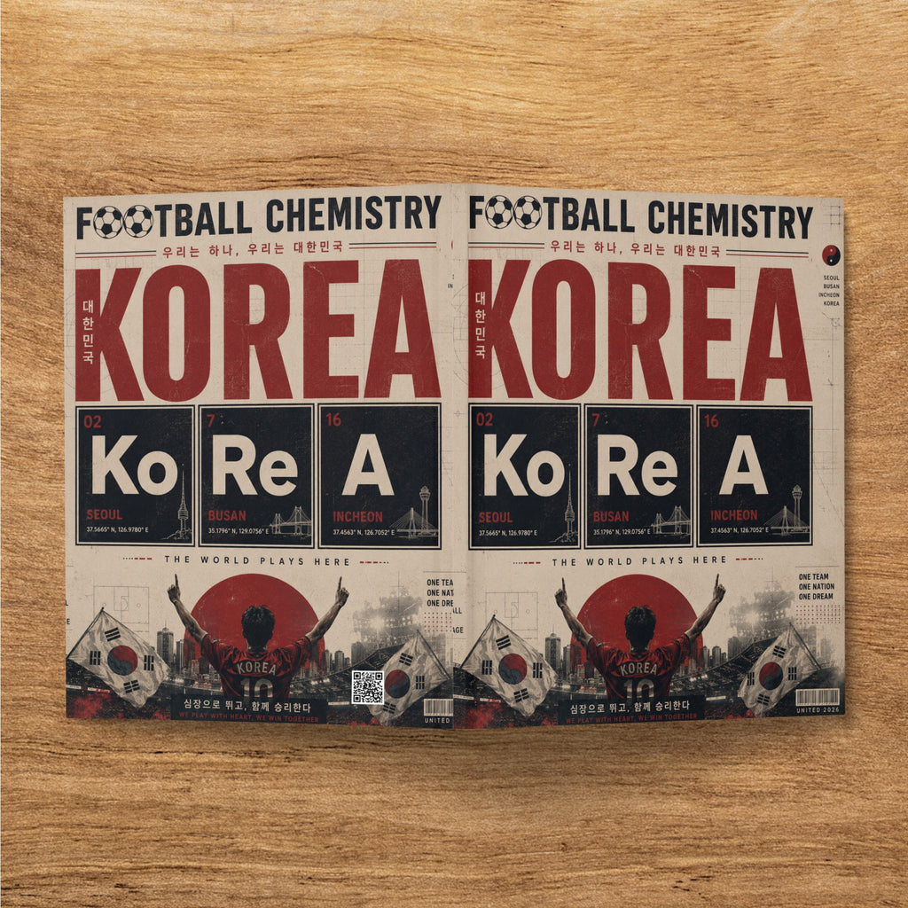 "Korea" and "Football Chemistry" text with city names and graphics of cheering crowds.