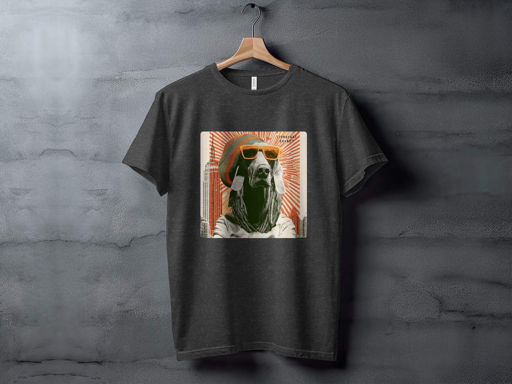 Dark t-shirt featuring a graphic of a dog in sunglasses and a hat.