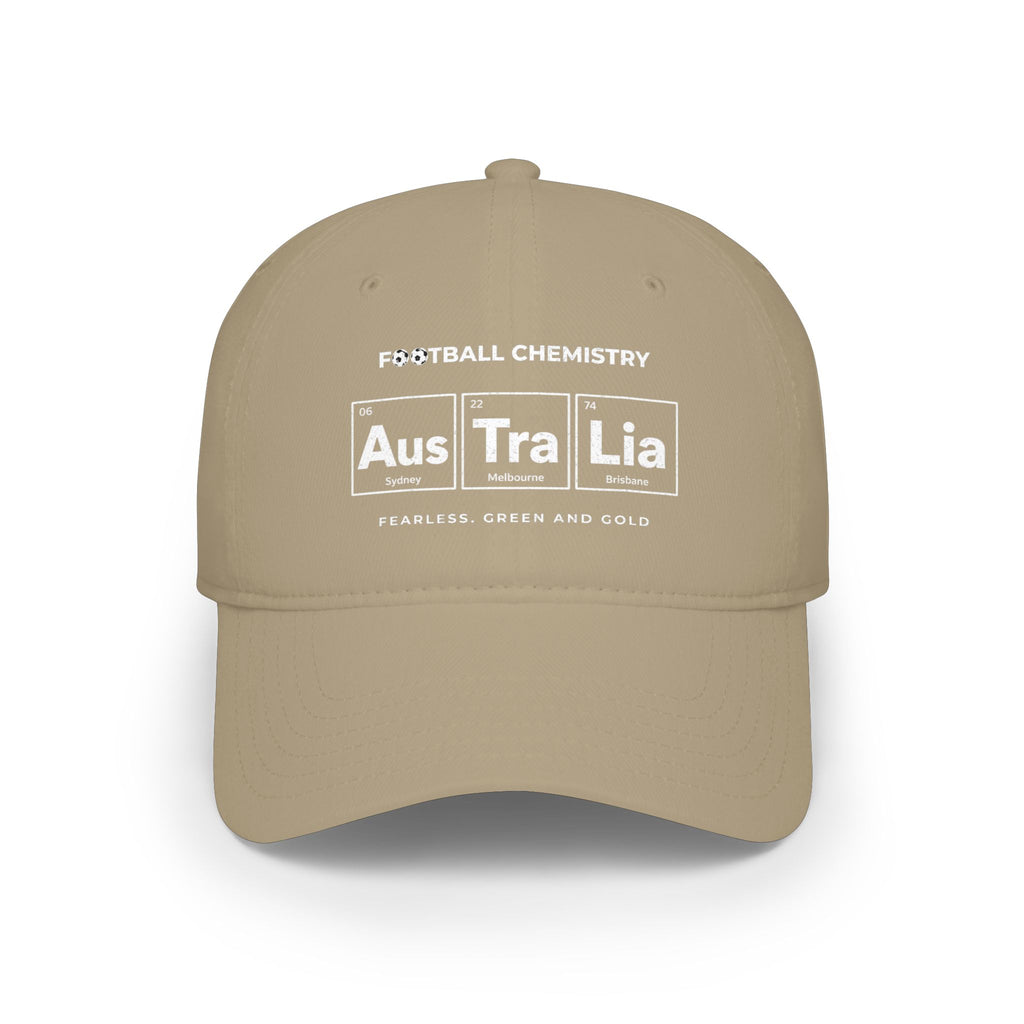 Tan baseball cap with "FOOTBALL CHEMISTRY" and Australian cities on a periodic table design.