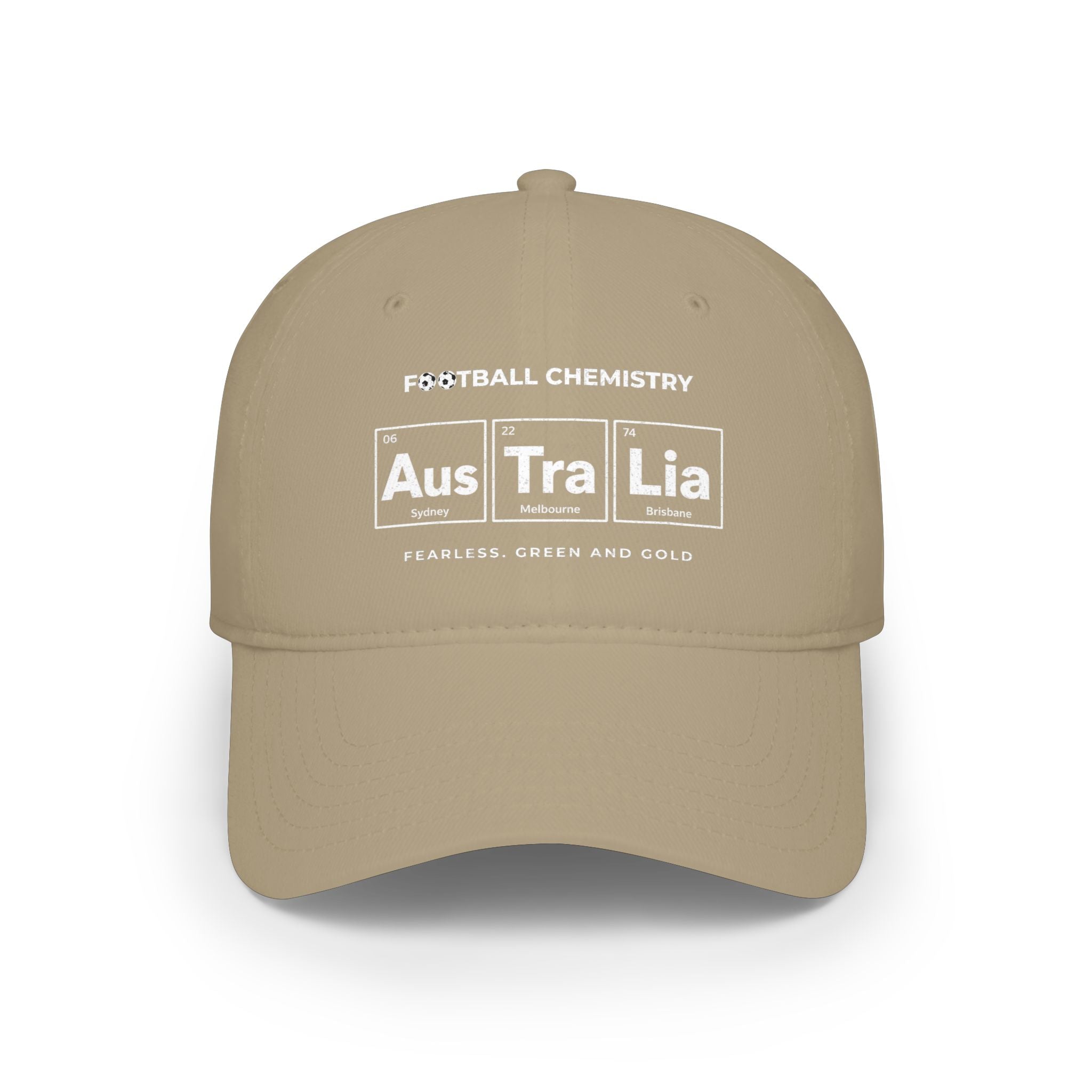 Tan baseball cap with "FOOTBALL CHEMISTRY" and Australian cities on a periodic table design.