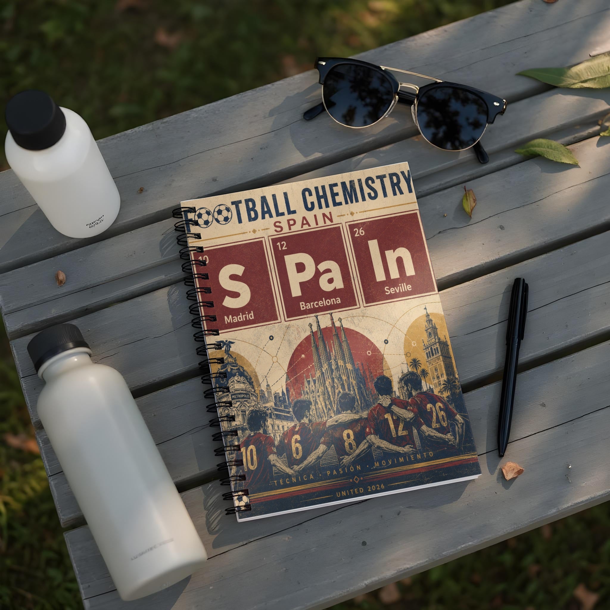 Spiral notebook cover with "Football Chemistry Spain" and city names.
