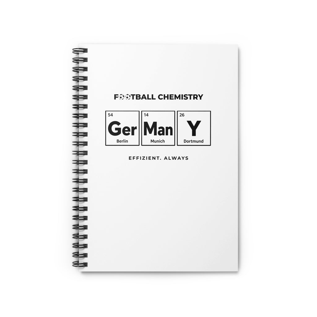 Notebook cover with "Football Chemistry" and periodic table elements: Berlin, Munich, Dortmund.