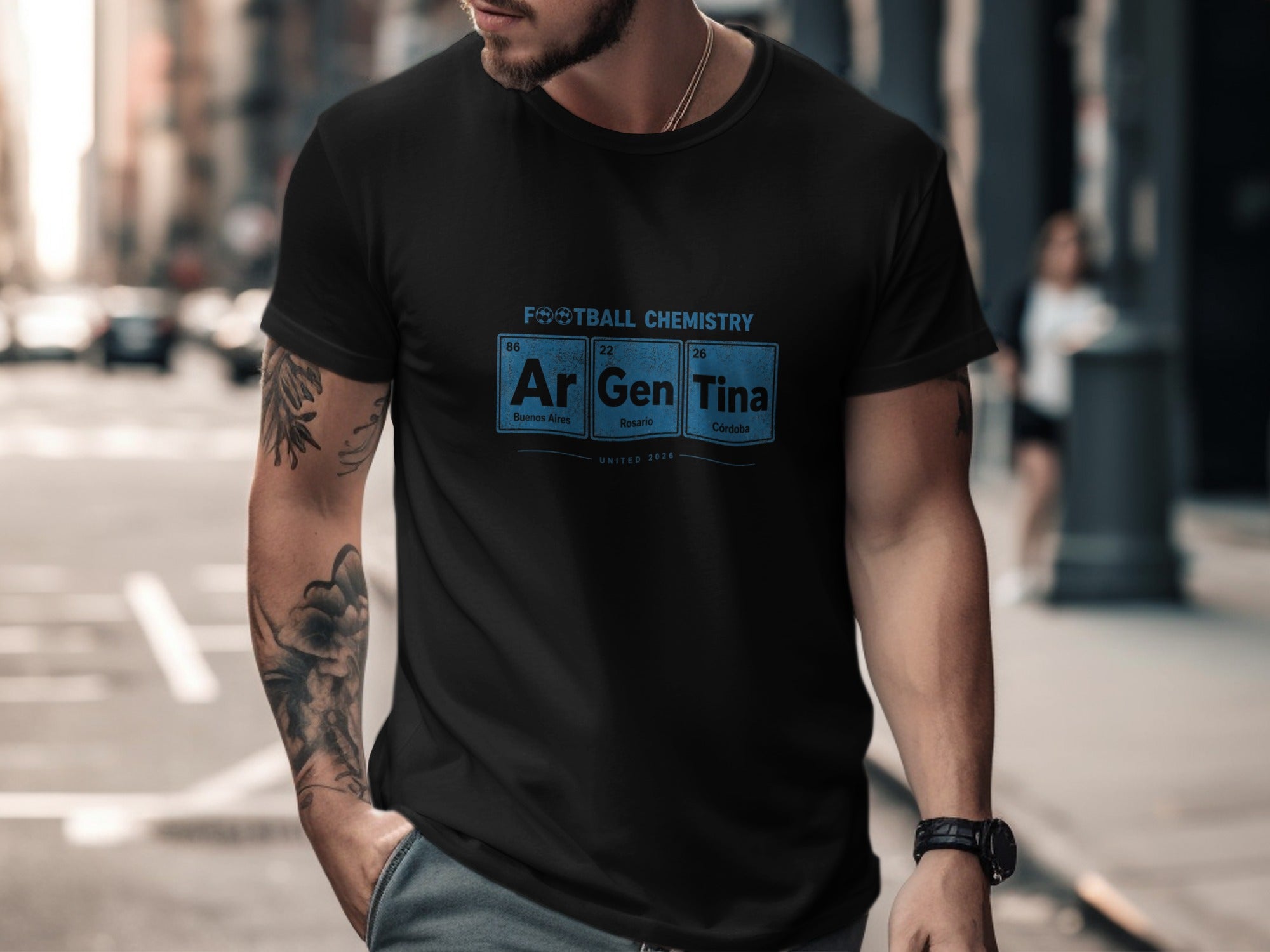 Black t-shirt with "Football Chemistry Argentina" and elements.