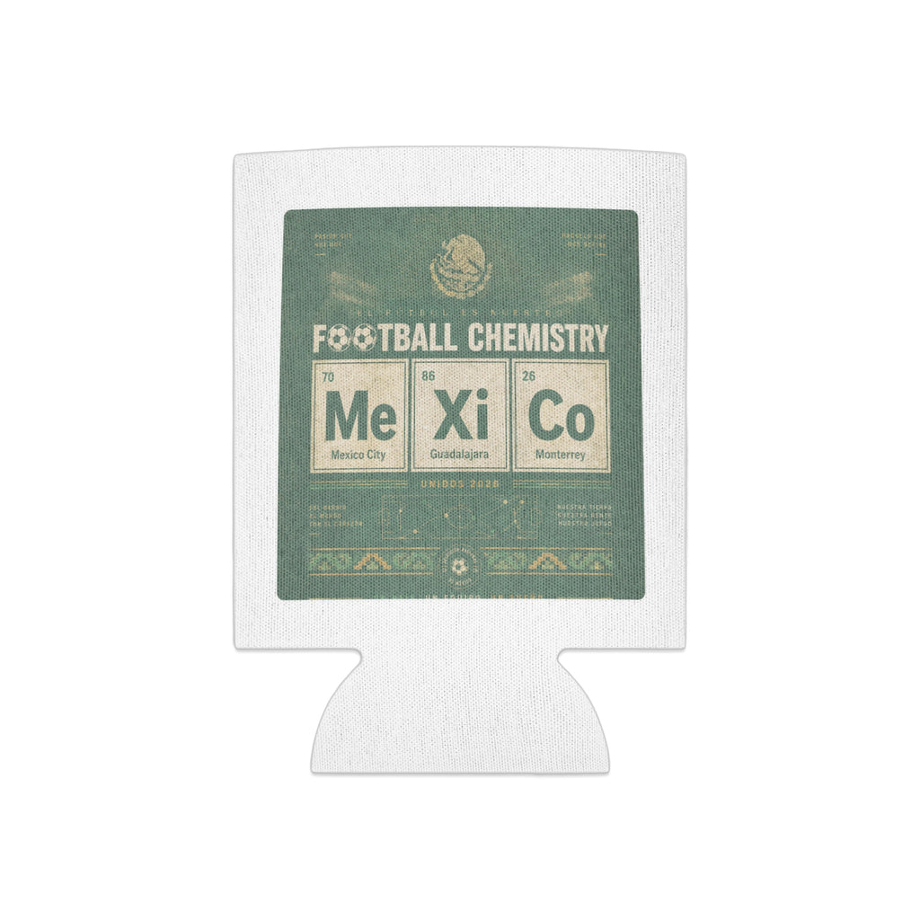 Football Chemistry can cooler featuring Me, Xi, Co, Mexico City, Guadalajara, Monterrey, and Unidos 2026.