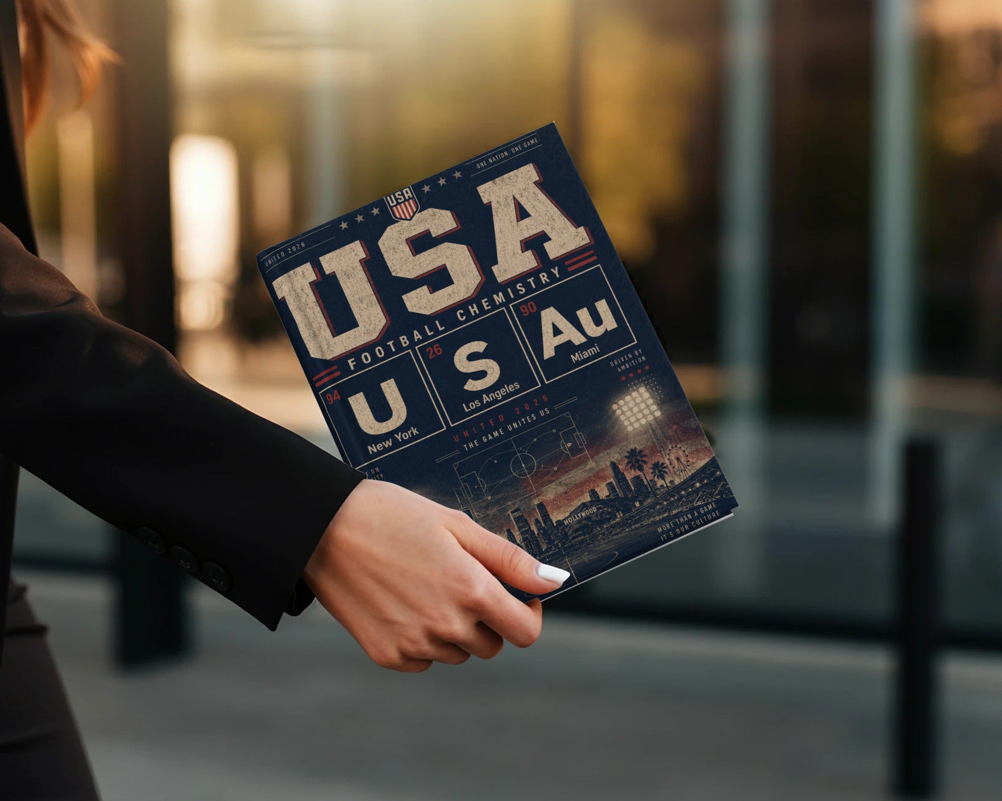 Magazine cover featuring "USA FOOTBALL CHEMISTRY" with cities and "UNITED 2026" text.