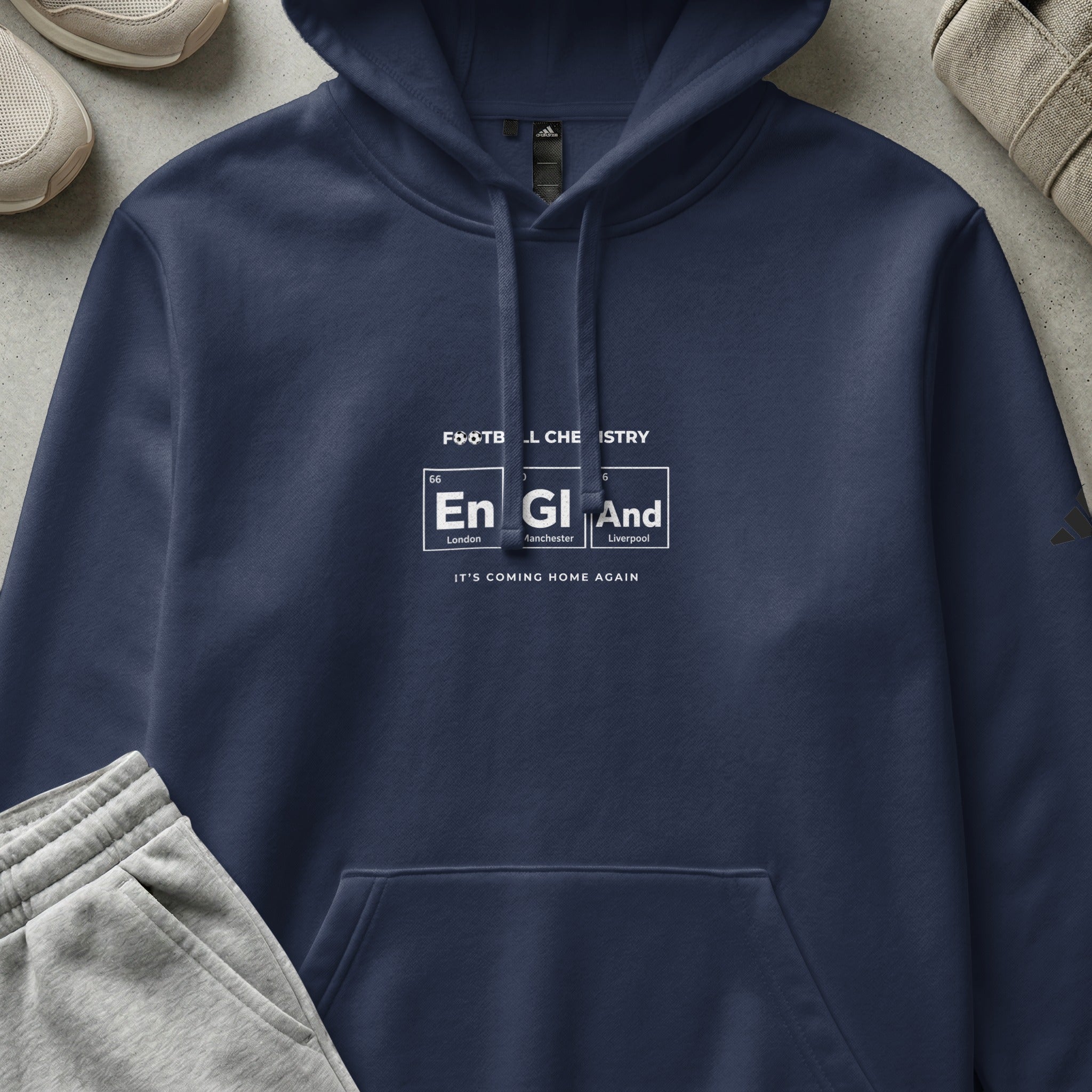 Navy hoodie with "Football Chemistry England" graphic and cities.