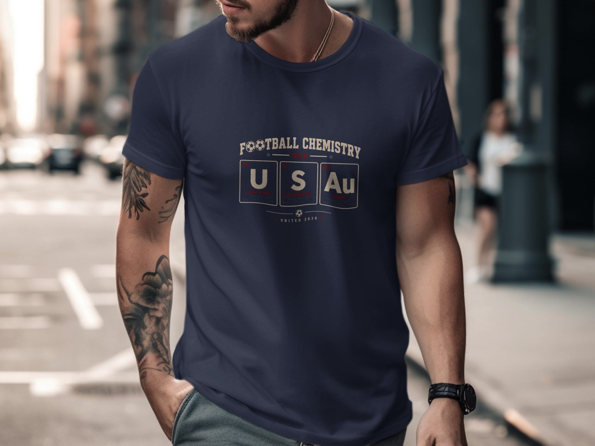 Navy t-shirt with "FOOTBALL CHEMISTRY USA UNITED 2020" and atomic symbols.