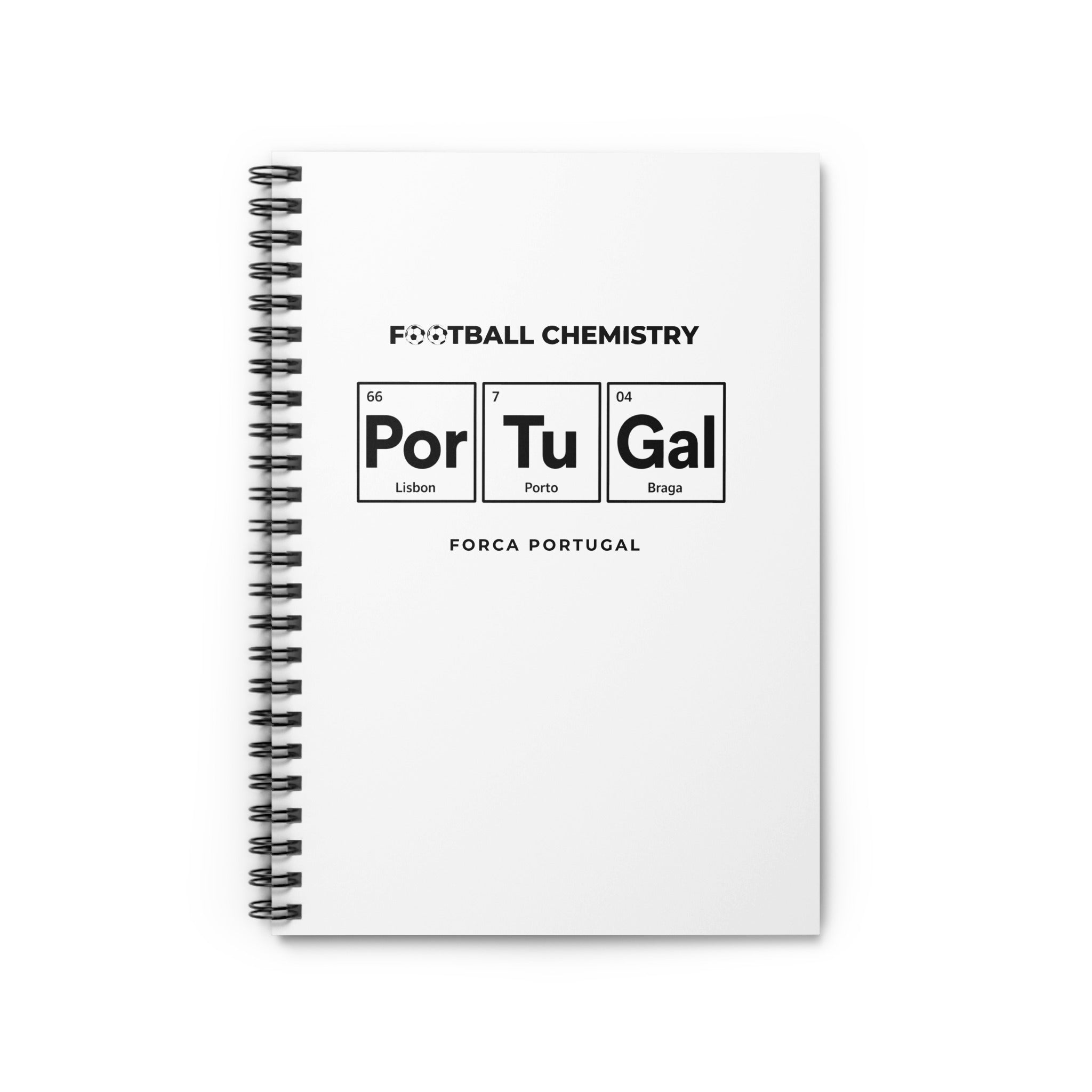 Notebook cover with periodic table elements spelling "Porto Tu Braga" and "Forca Portugal".