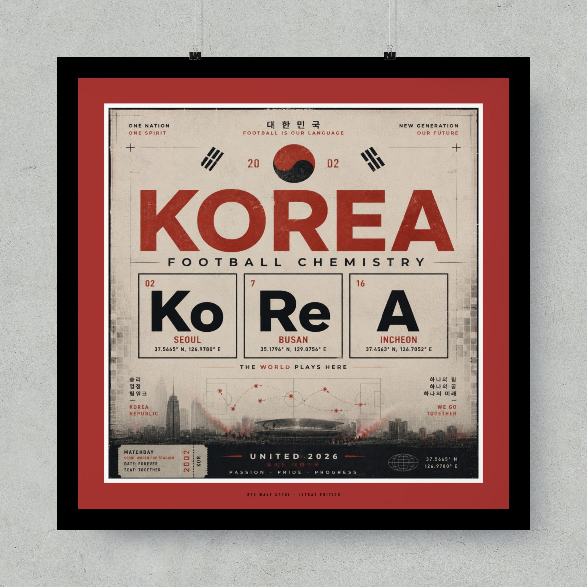 Poster for Korea football chemistry, featuring Seoul, Busan, Incheon locations and "UNITED 2026".