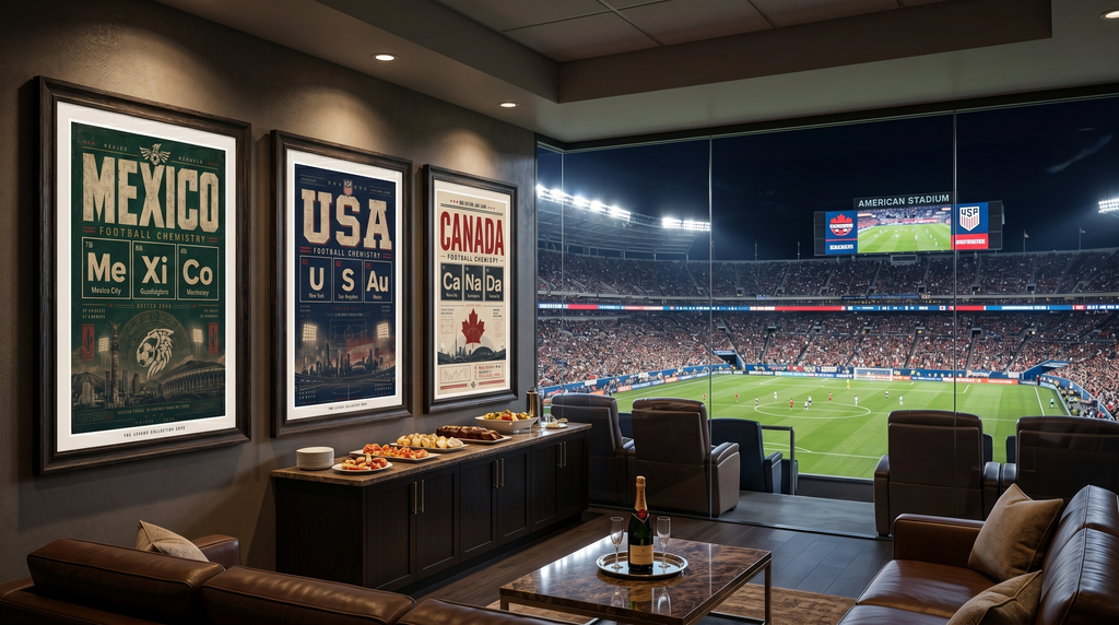 Framed posters of Mexico, USA, and Canada football chemistry charts overlooking a stadium.