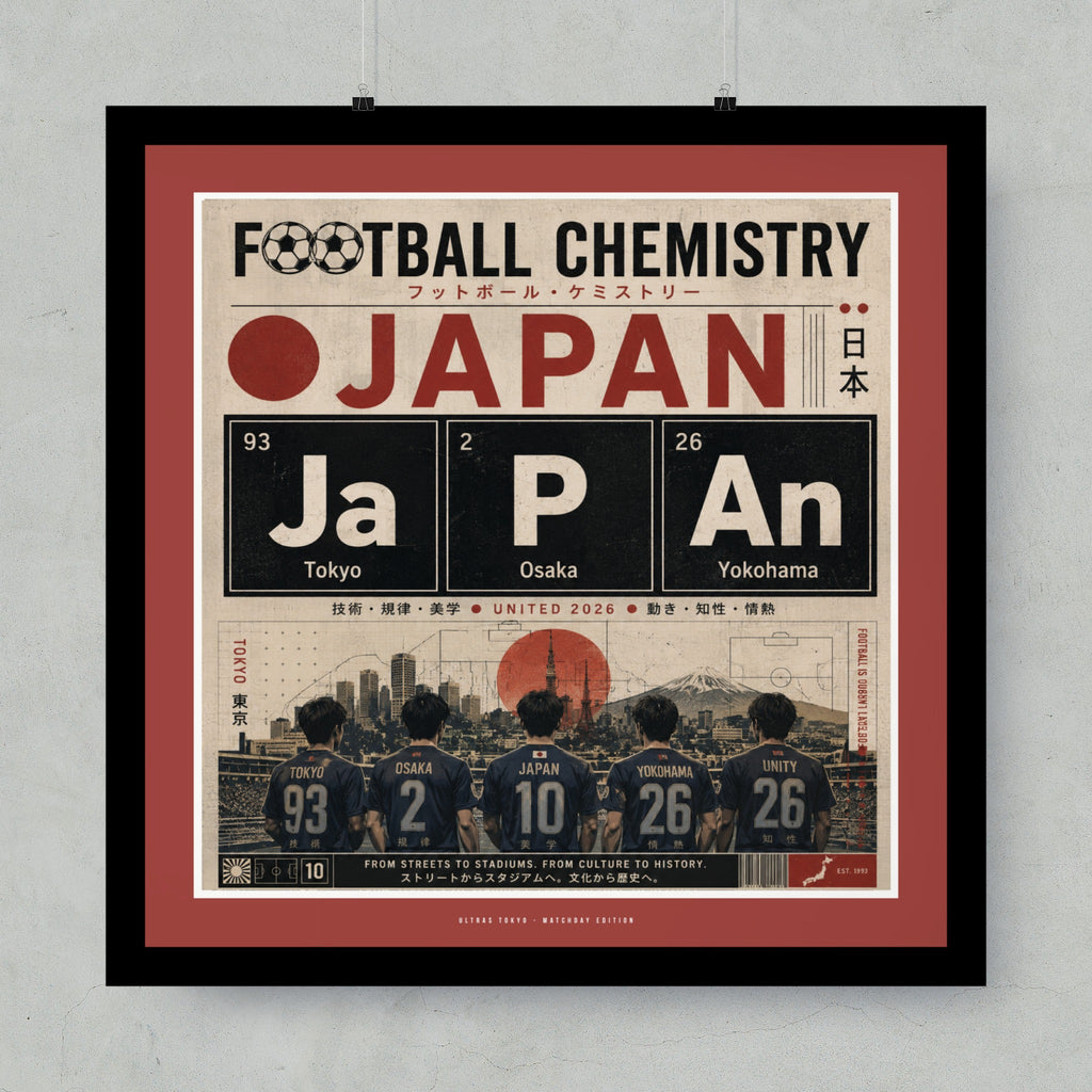 Japan football chemistry poster with city names and numbers.