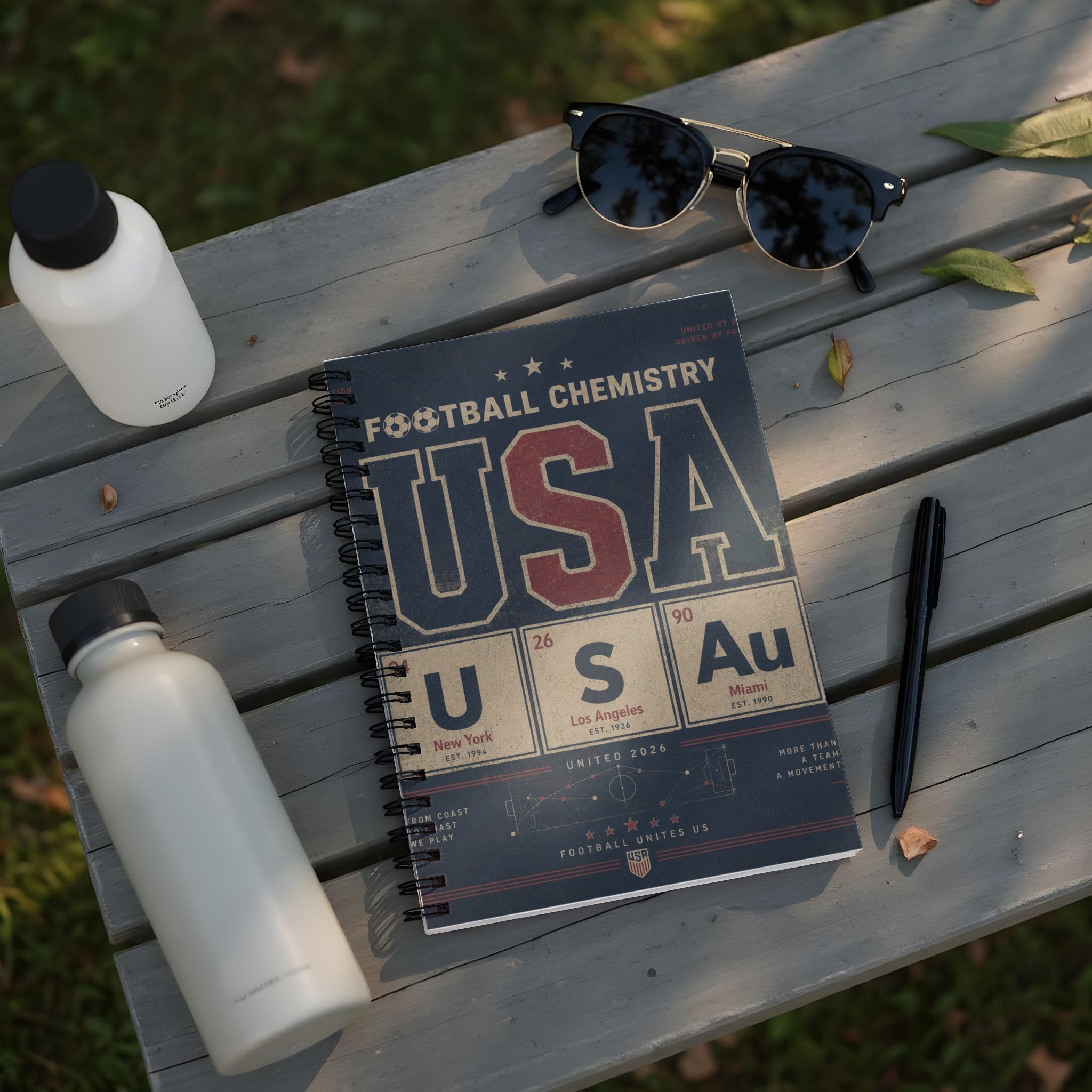 Notebook with "Football Chemistry USA" cover, featuring city names and dates.