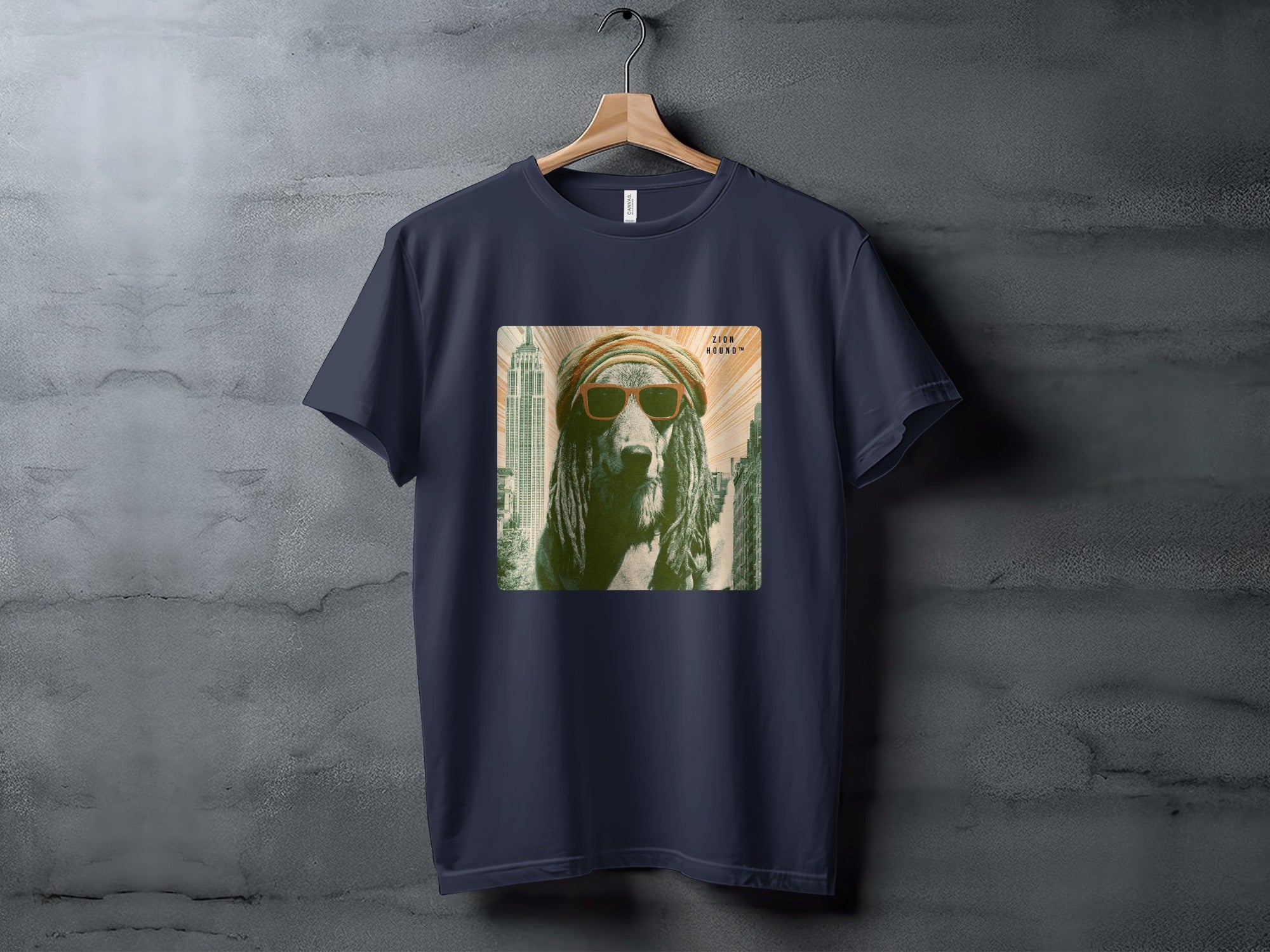 T-shirt with a dog wearing sunglasses and a bandana, overlaid on a city skyline.