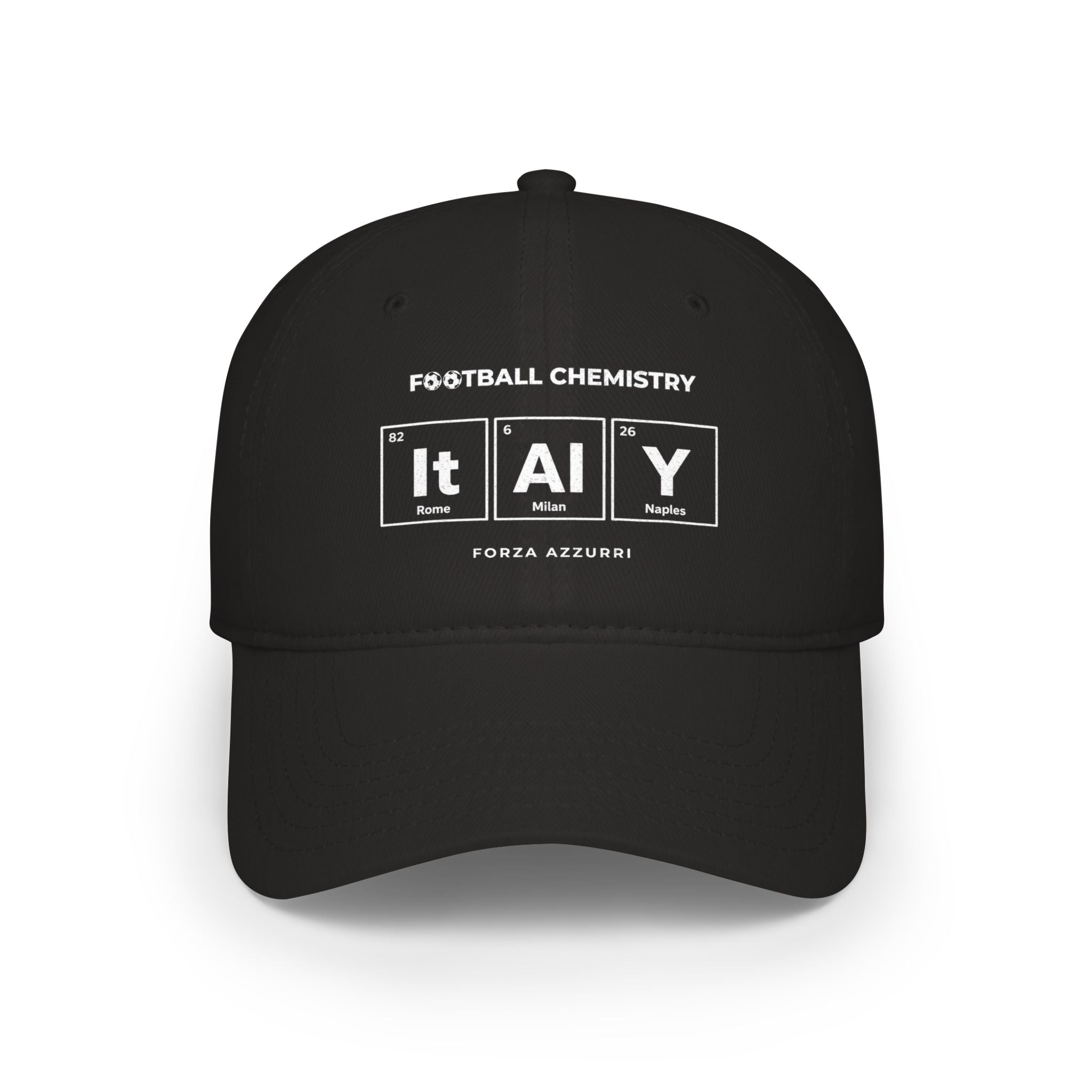 Black baseball cap with "FOOTBALL CHEMISTRY" and periodic table style "IT AL Y" logo.