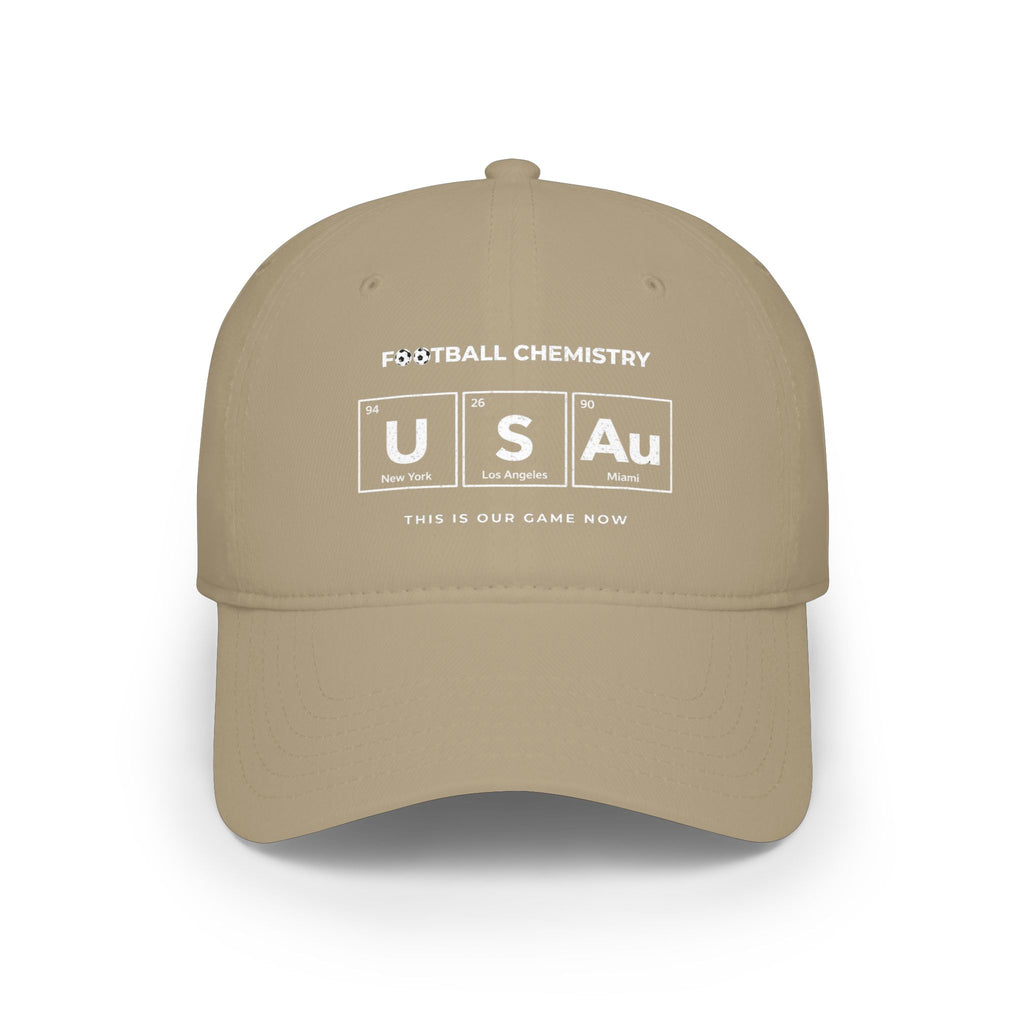 Khaki baseball cap with "FOOTBALL CHEMISTRY US Au" design.
