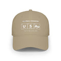 Khaki baseball cap with "FOOTBALL CHEMISTRY US Au" design.