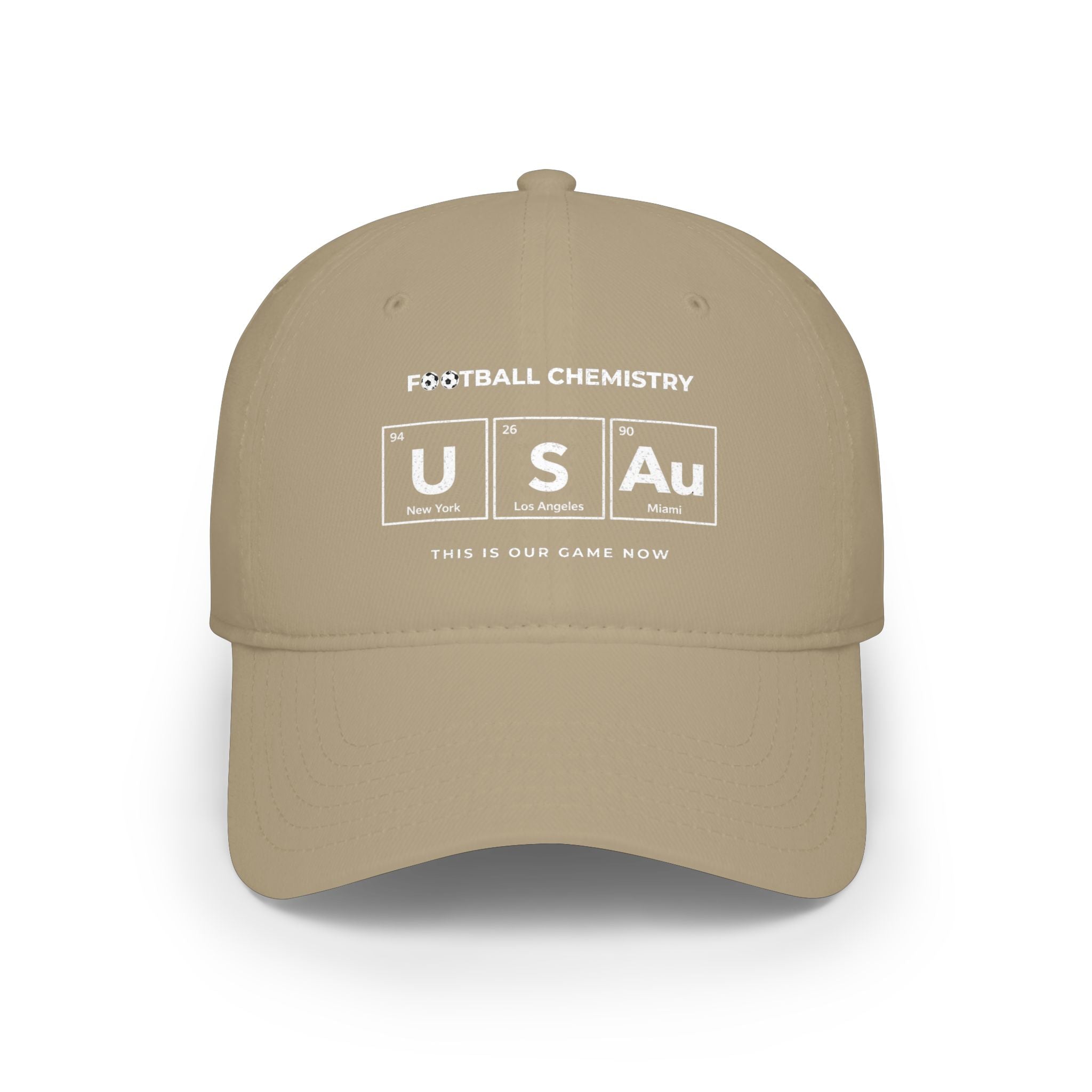 Khaki baseball cap with "FOOTBALL CHEMISTRY US Au" design.