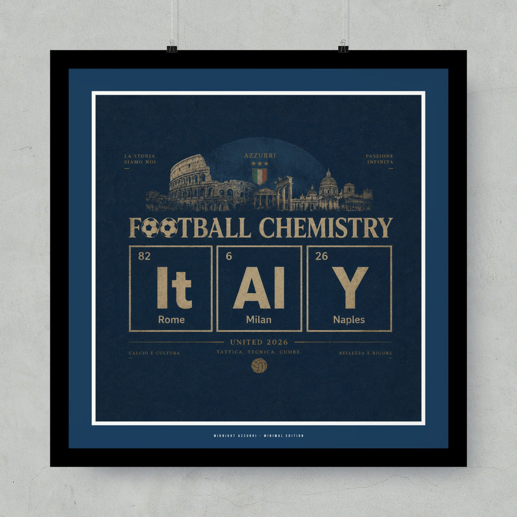 Football Chemistry design with "It Al Y" periodic table elements, text "Azzurri", "United 2026".