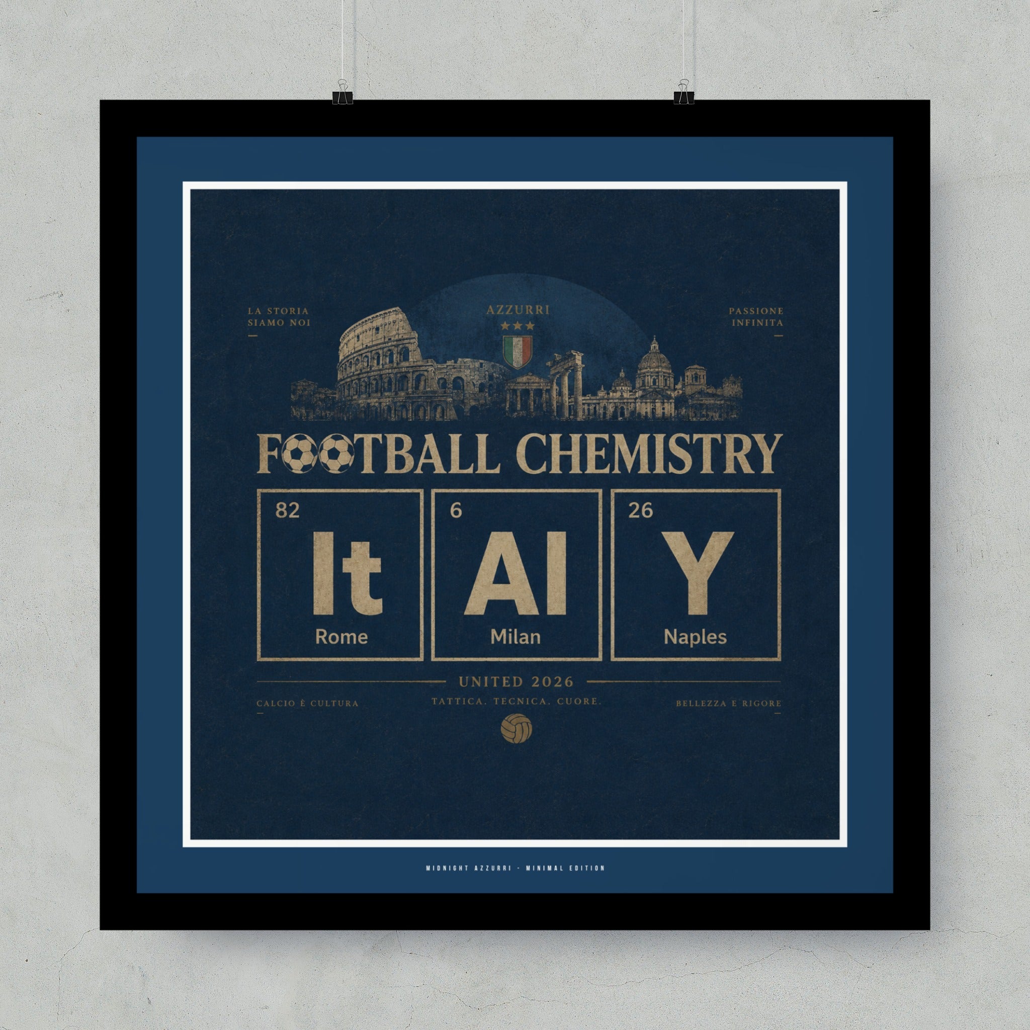 Football Chemistry design with "It Al Y" periodic table elements, text "Azzurri", "United 2026".