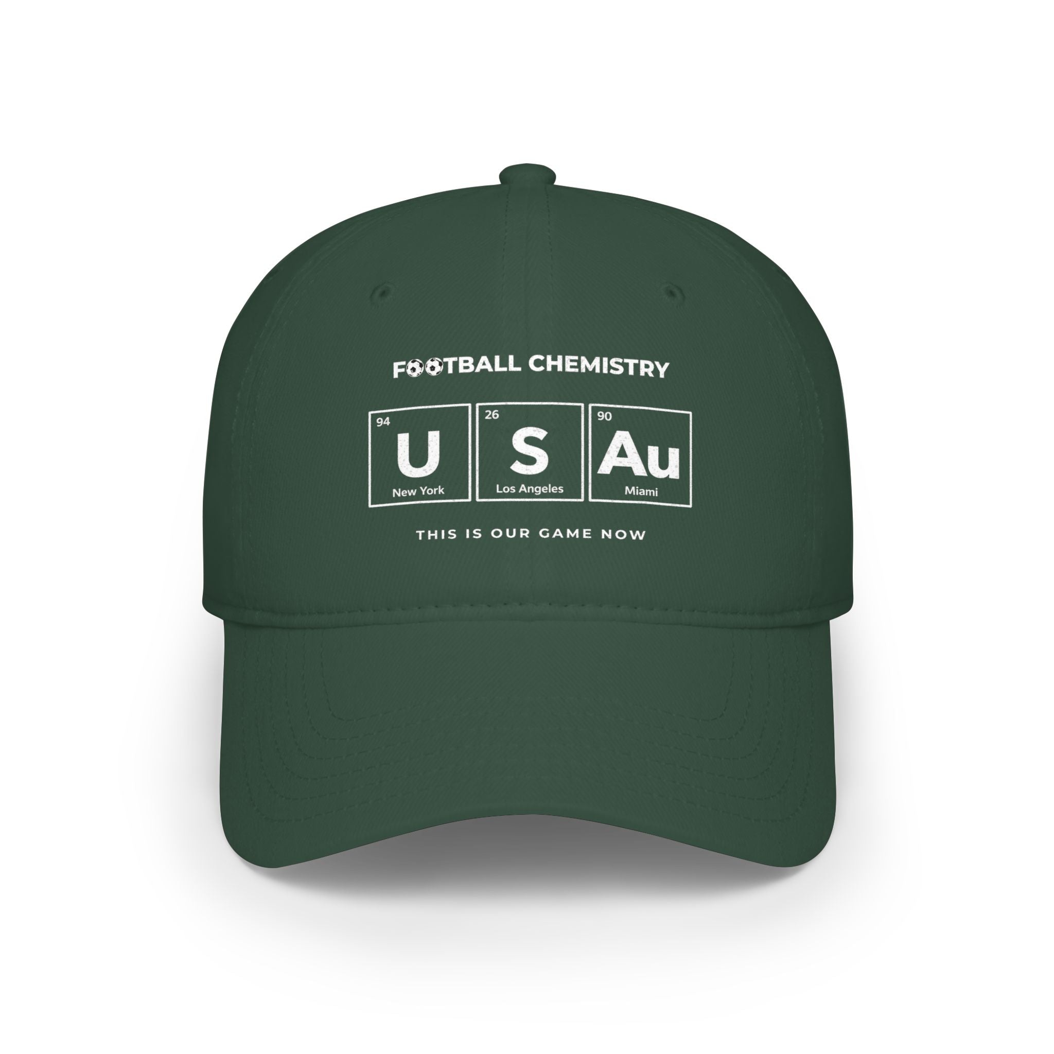 Green baseball cap with "FOOTBALL CHEMISTRY" and elements US Au.