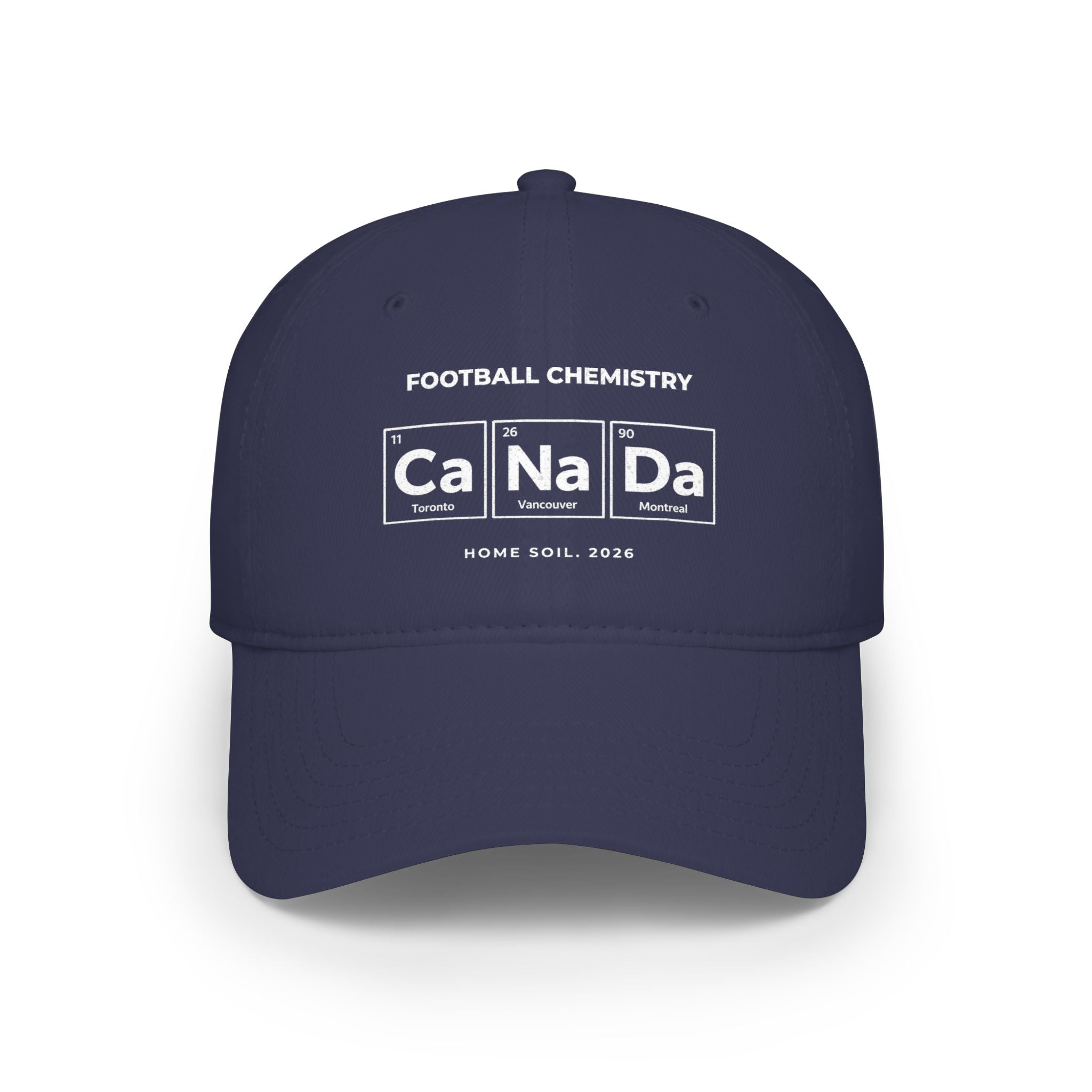 Navy blue baseball cap with "Football Chemistry" and periodic table elements Ca, Na, Da.