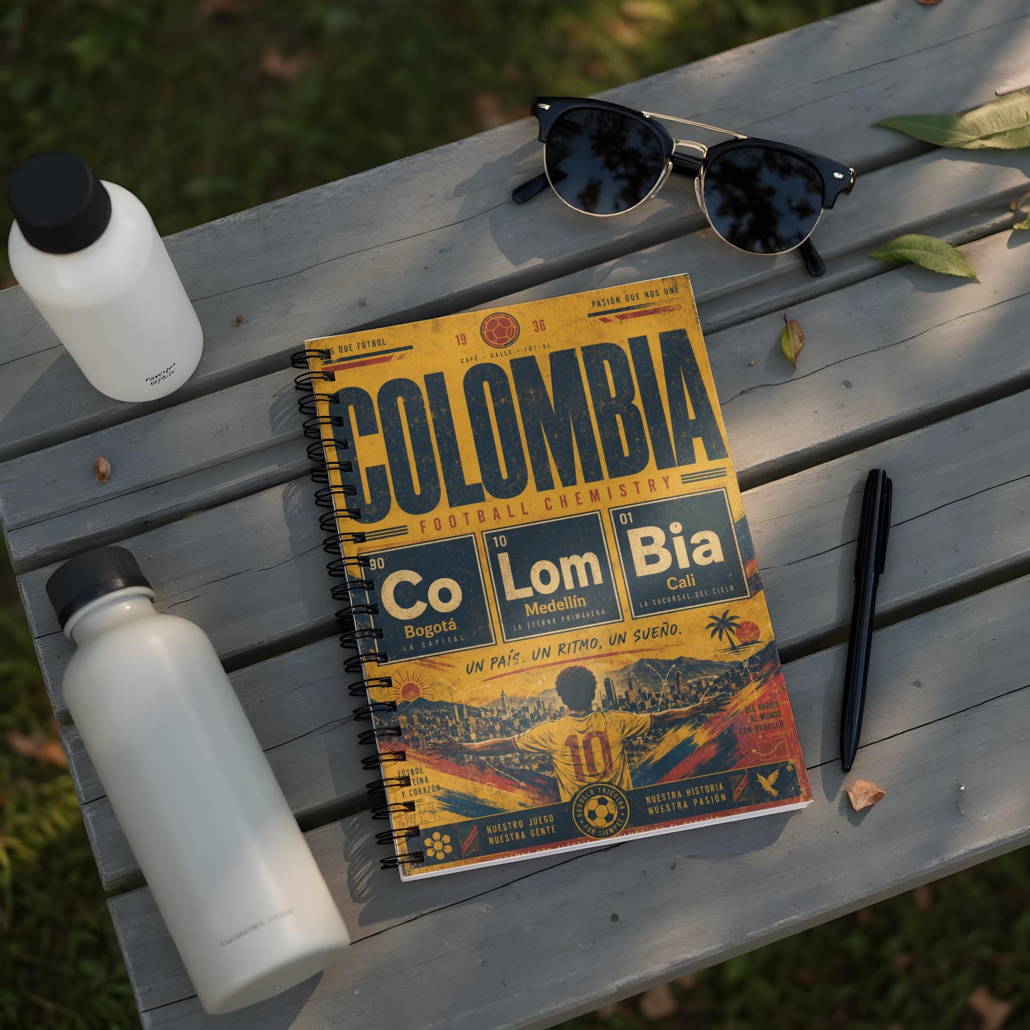 Colombia Football Chemistry notebook with city names and soccer imagery.
