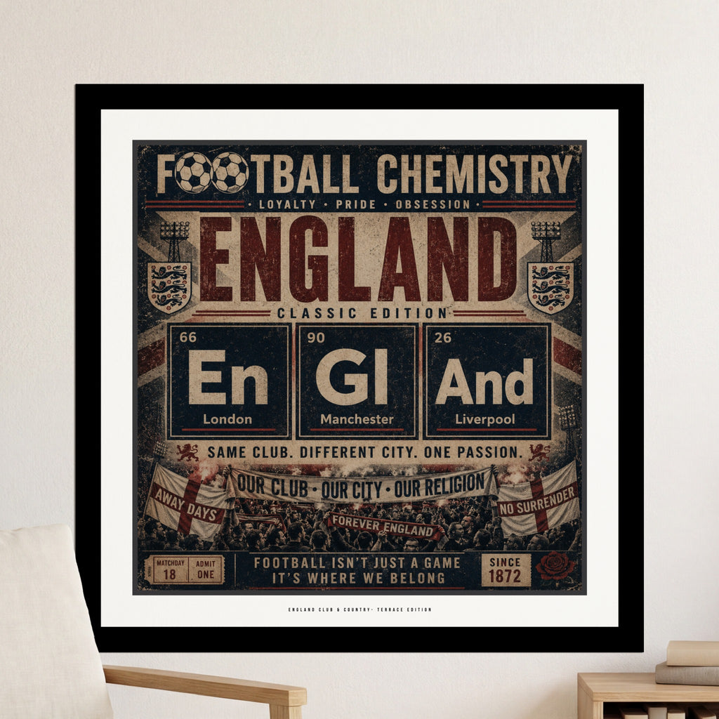 England football chemistry periodic table design with city names and slogans.