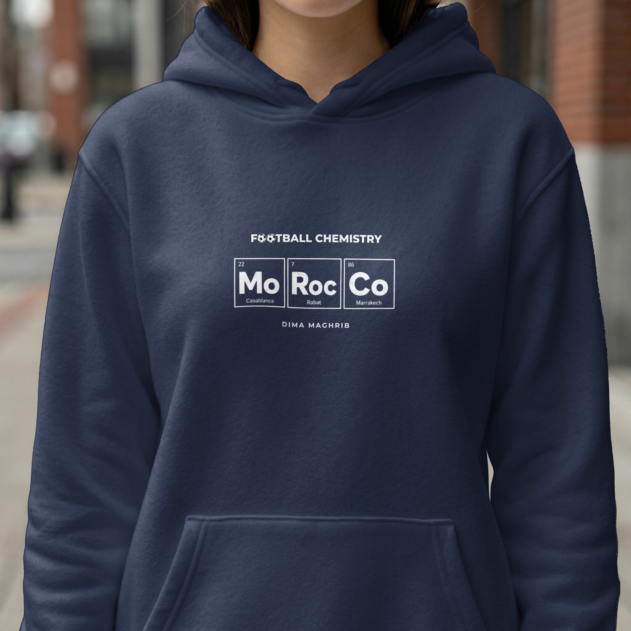 Navy hoodie with "Football Chemistry" and "Mo Ro Co" periodic table design.