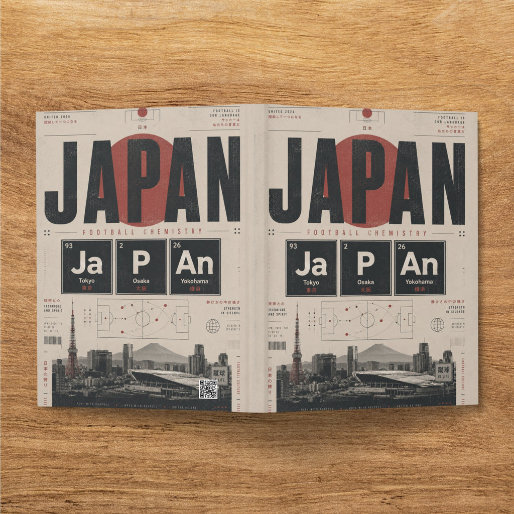 Two book pages with "JAPAN" repeated, featuring cityscape and soccer-themed graphics.