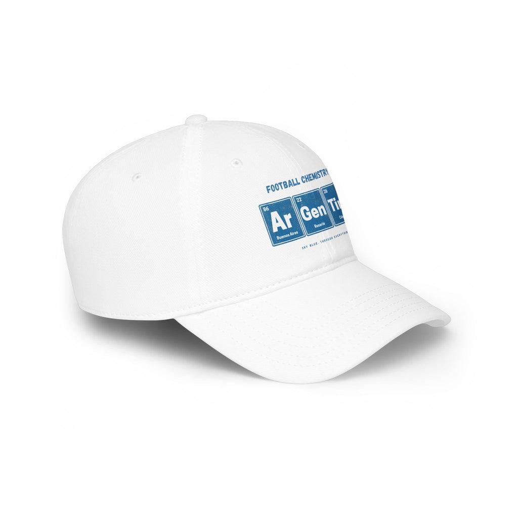 White baseball cap with "Football Chemistry" and periodic table elements.