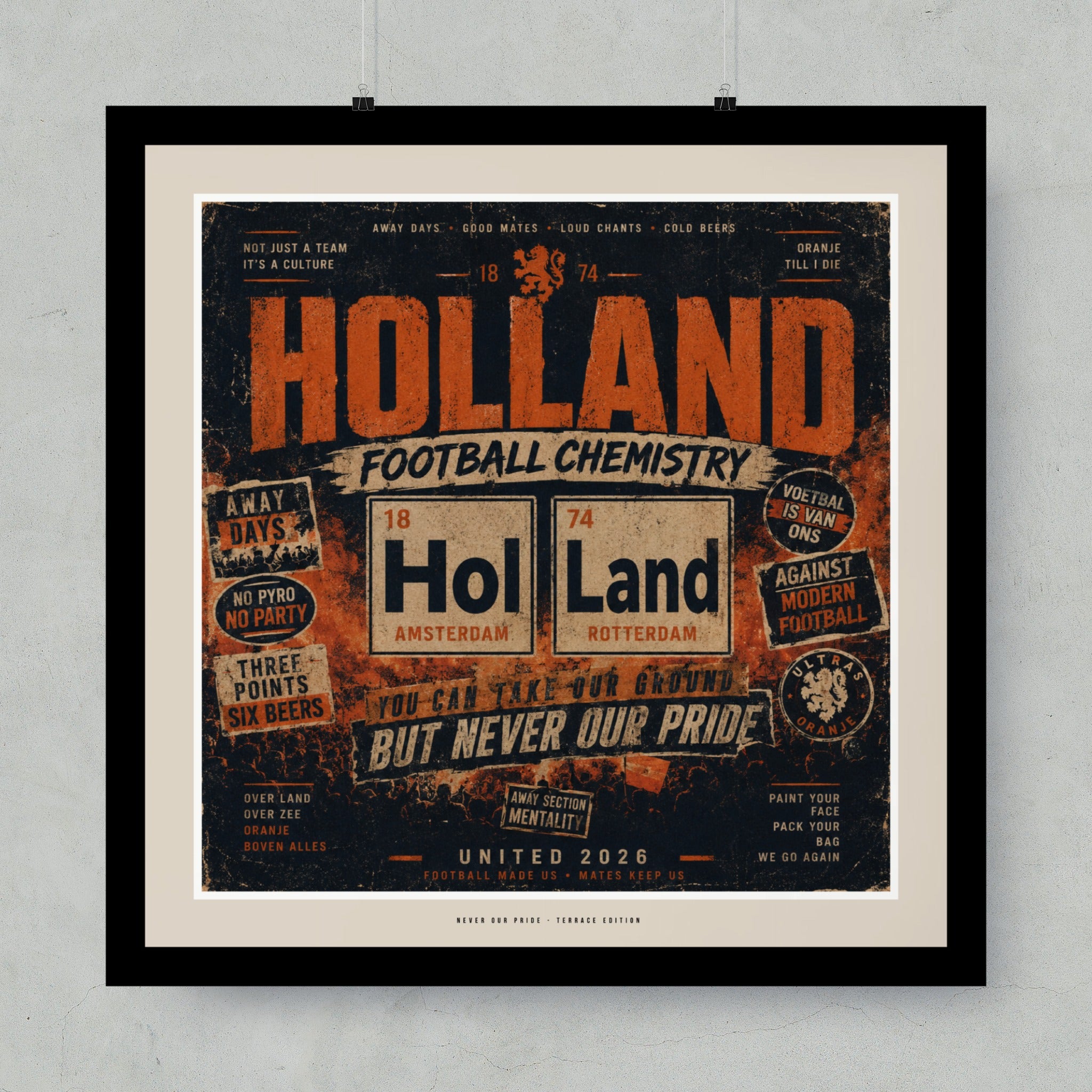 Holland Football Chemistry poster with "Amsterdam" and "Rotterdam" text.