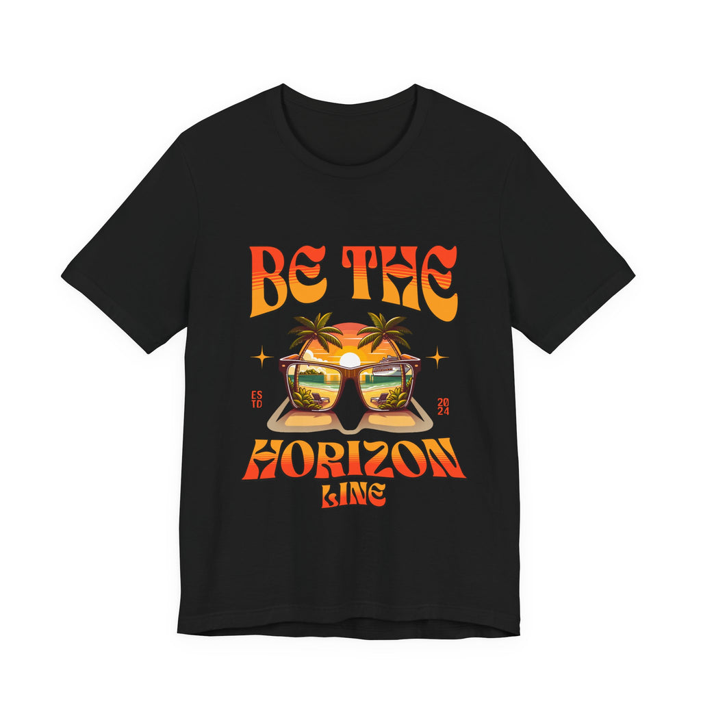 Be The Horizon Line women's t-shirt with vintage retro sunset palm and sunglasses graphic design