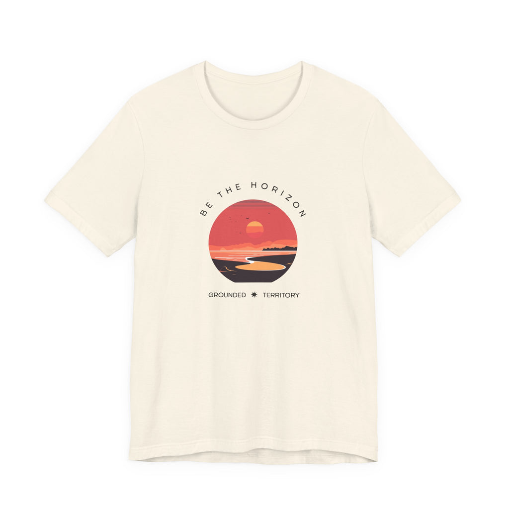 Be the horizon Line | Women's Motivational Graphic Circular Coral and Orange Sunset T-Shirt