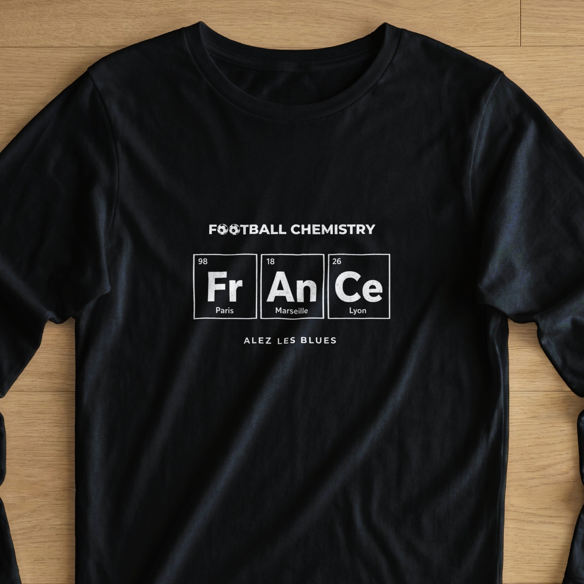 Black t-shirt with "Football Chemistry" and periodic table elements for France.